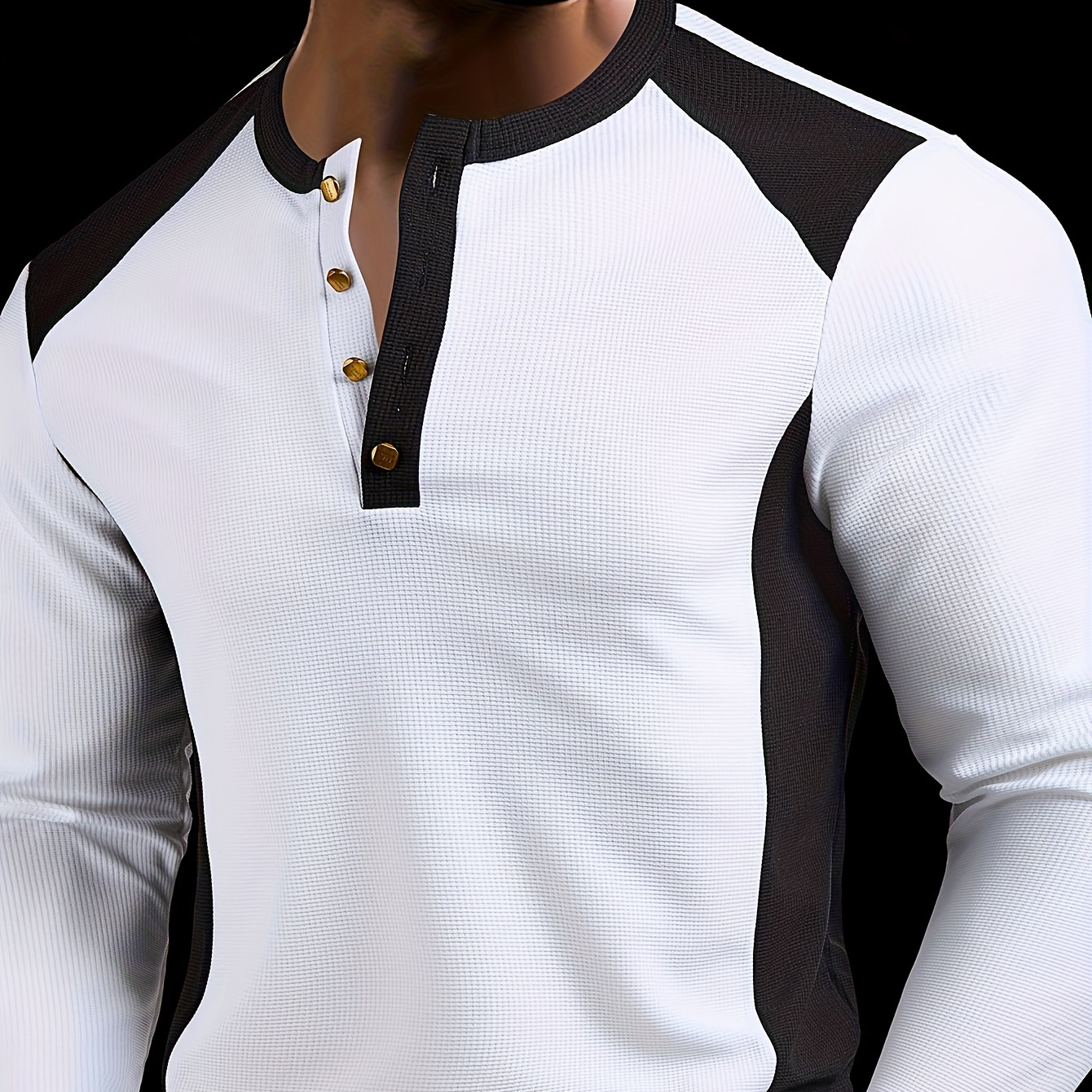 

Men's Casual Henley Shirt With Metal Button - Long Sleeve, Waffle-knit Fabric, Black & White , Fall/spring Outdoor Activities