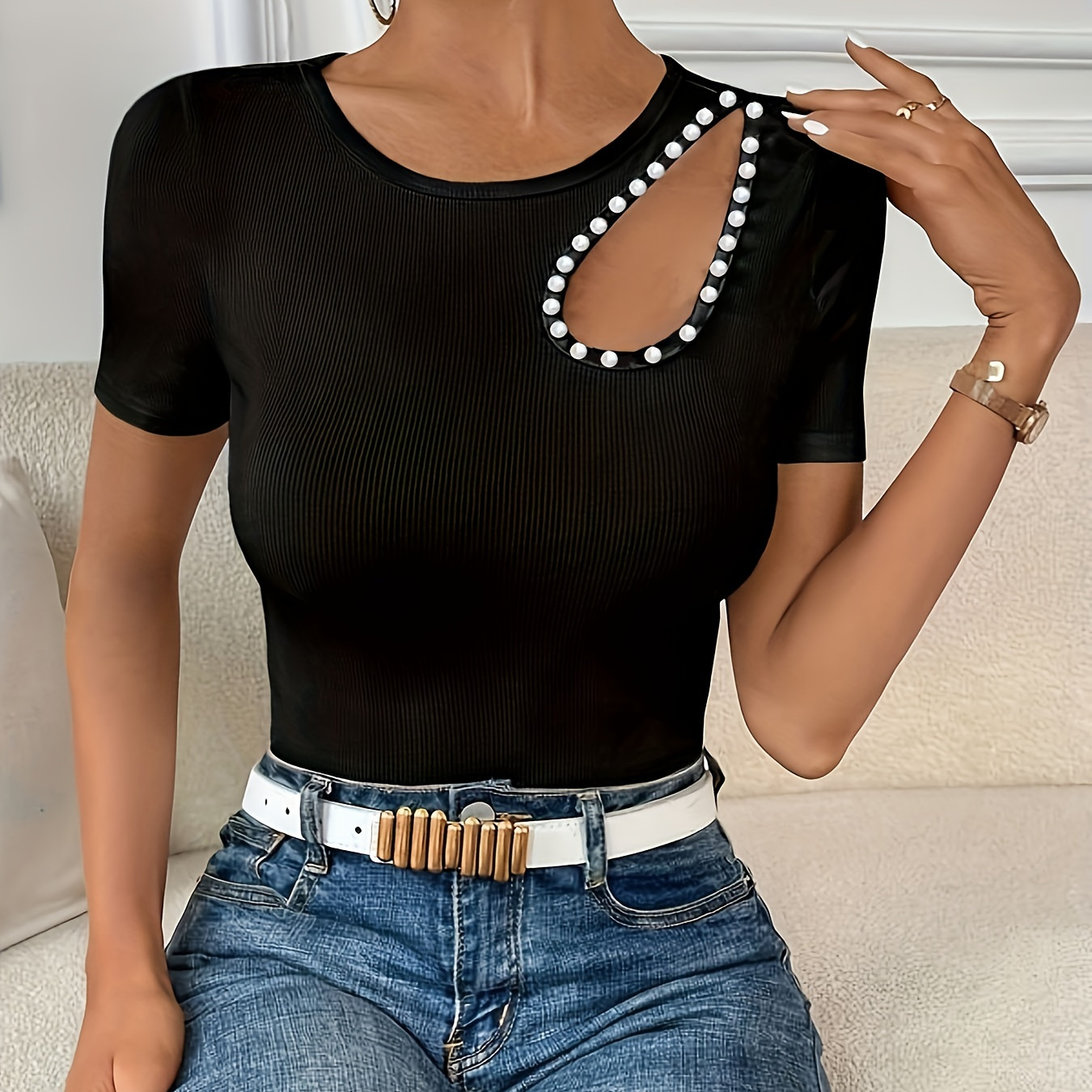 

Cut Out Crew Neck Beaded T-shirt, Stylish Short Sleeve Slim Top For Spring & Summer, Women's Clothing