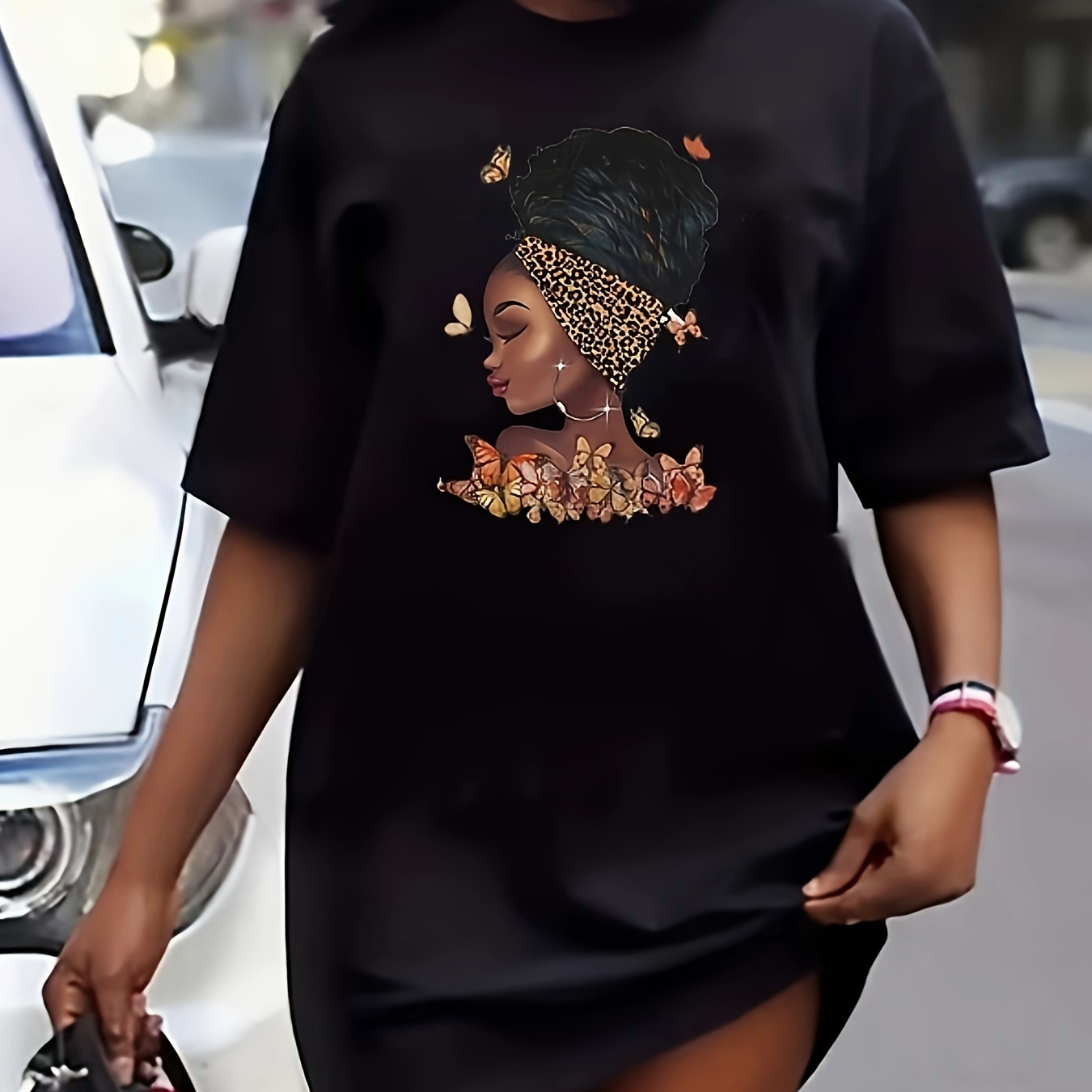 

Graphic Print Tee Dress, Short Sleeve Crew Neck Casual Dress For Summer & Spring, Women's Clothing