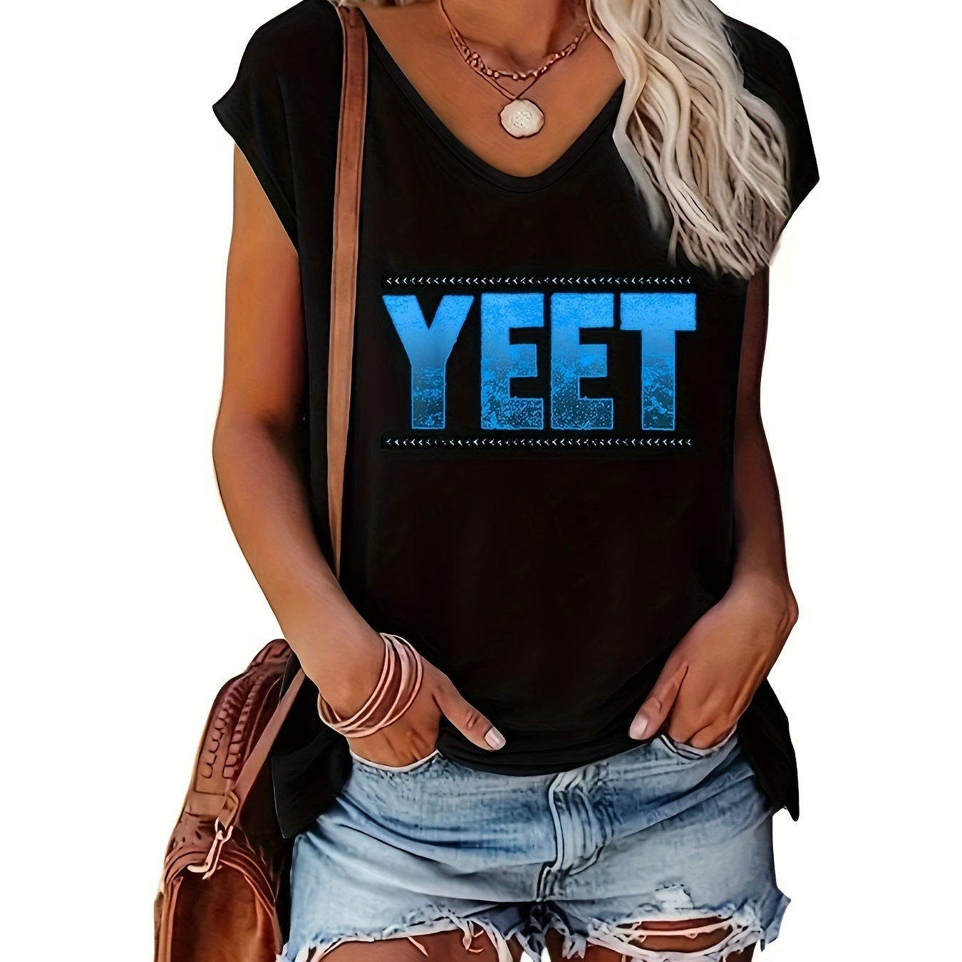 

Yeet Letter Print V-neck Vest, Summer Casual Outdoor Sports Sleeveless Top, Women's Vest