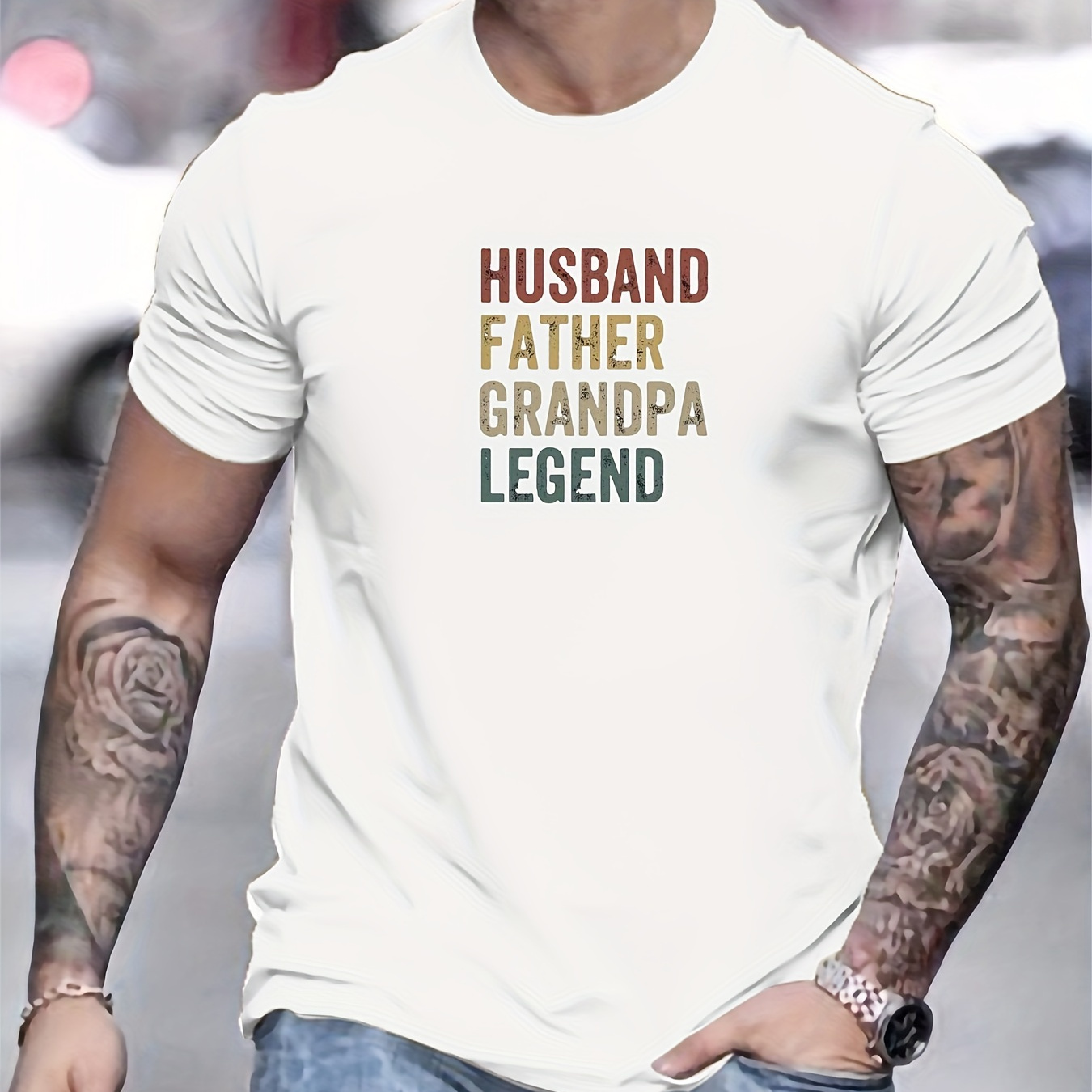 

' Husband Father Grandpa Legend ' Alphabet Print Men's T-shirt, Summer Short Sleeve Casual Top, Comfy Crew Neck Clothing For Daily Wear & Outdoor Fitness