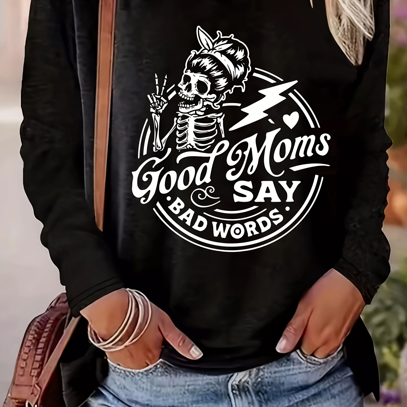 

Skull Print T-shirt, Long Sleeve Crew Neck Casual Top For Spring & Fall, Women's Clothing