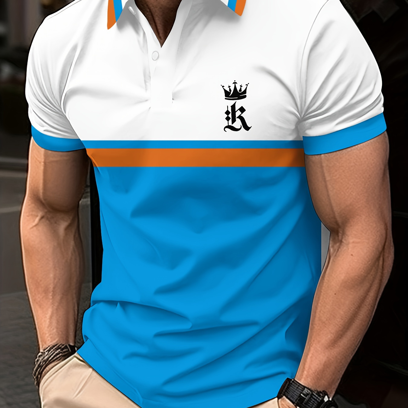 

3d Color Block Print Men's Short Sleeve Button Up Lapel Shirt For Summer Outdoor