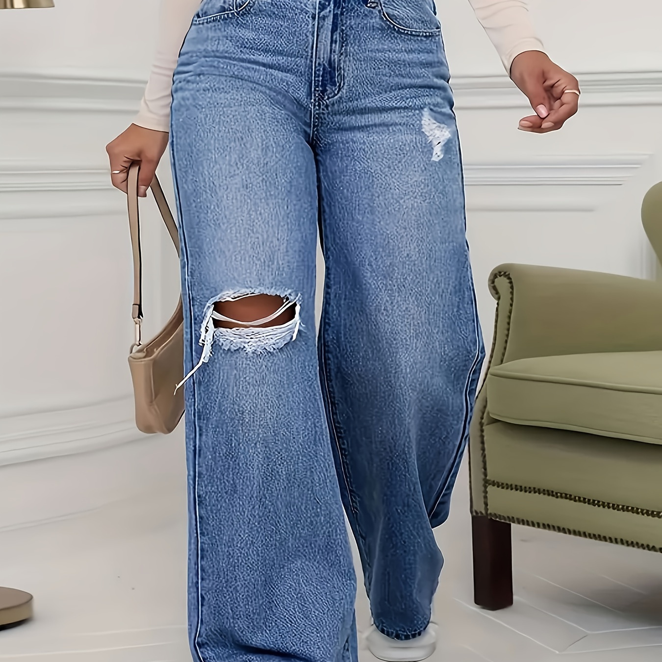 

Women's Mid-rise Casual Washed Loose Fit Wide Leg Denim Jeans With Distressed Detail, Fashionable Streetwear Pants For Autumn - Perfect For Fall