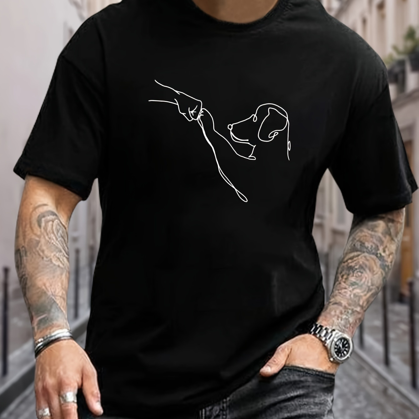 

Dog And Fist Graphic Men's Short Sleeve T-shirt, Comfy Stretchy Trendy Tees For Summer, Casual Daily Style Fashion Clothing