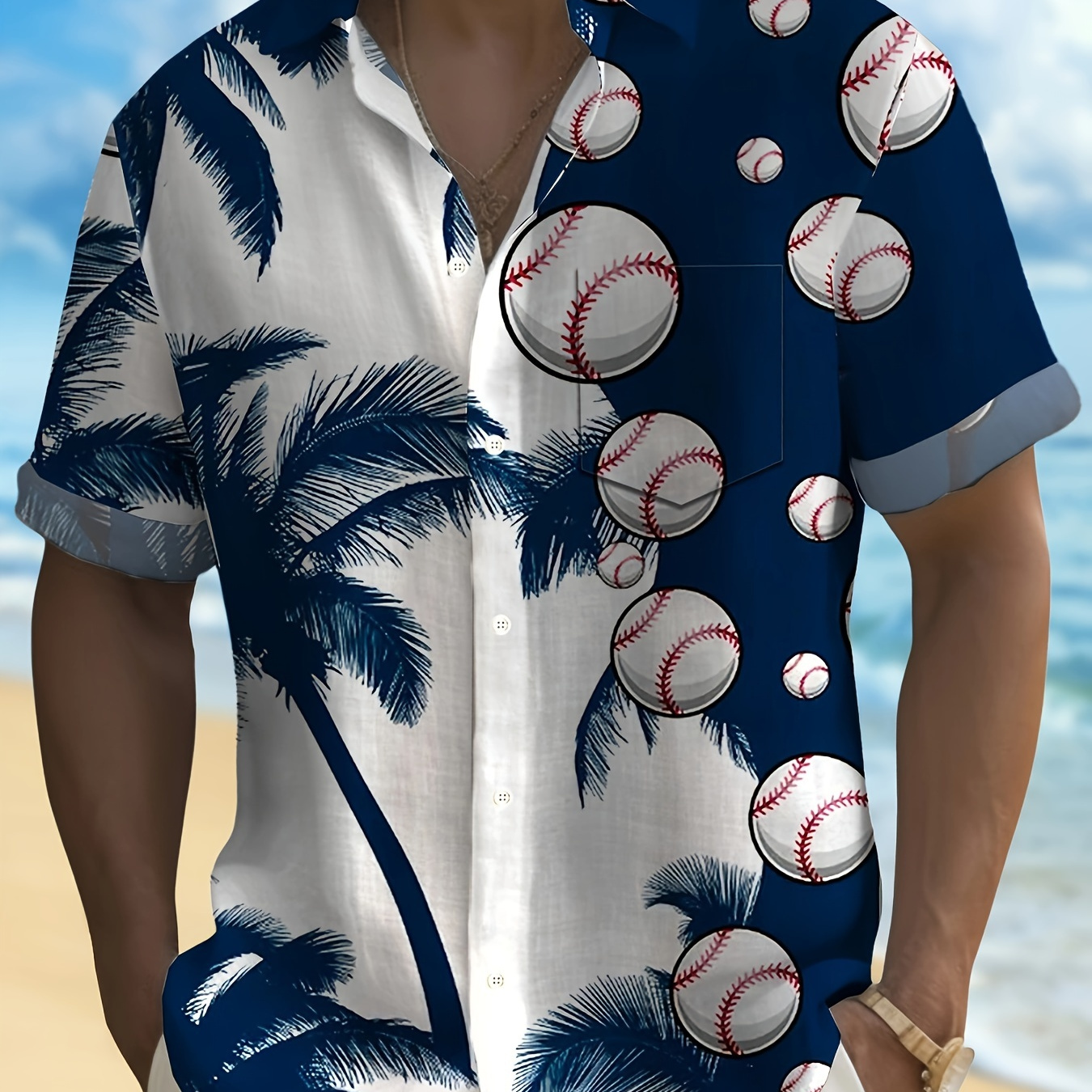 

Plus Size Men's Baseball & Coconut Trees Print Shirt Summer Beach Vacation Tops