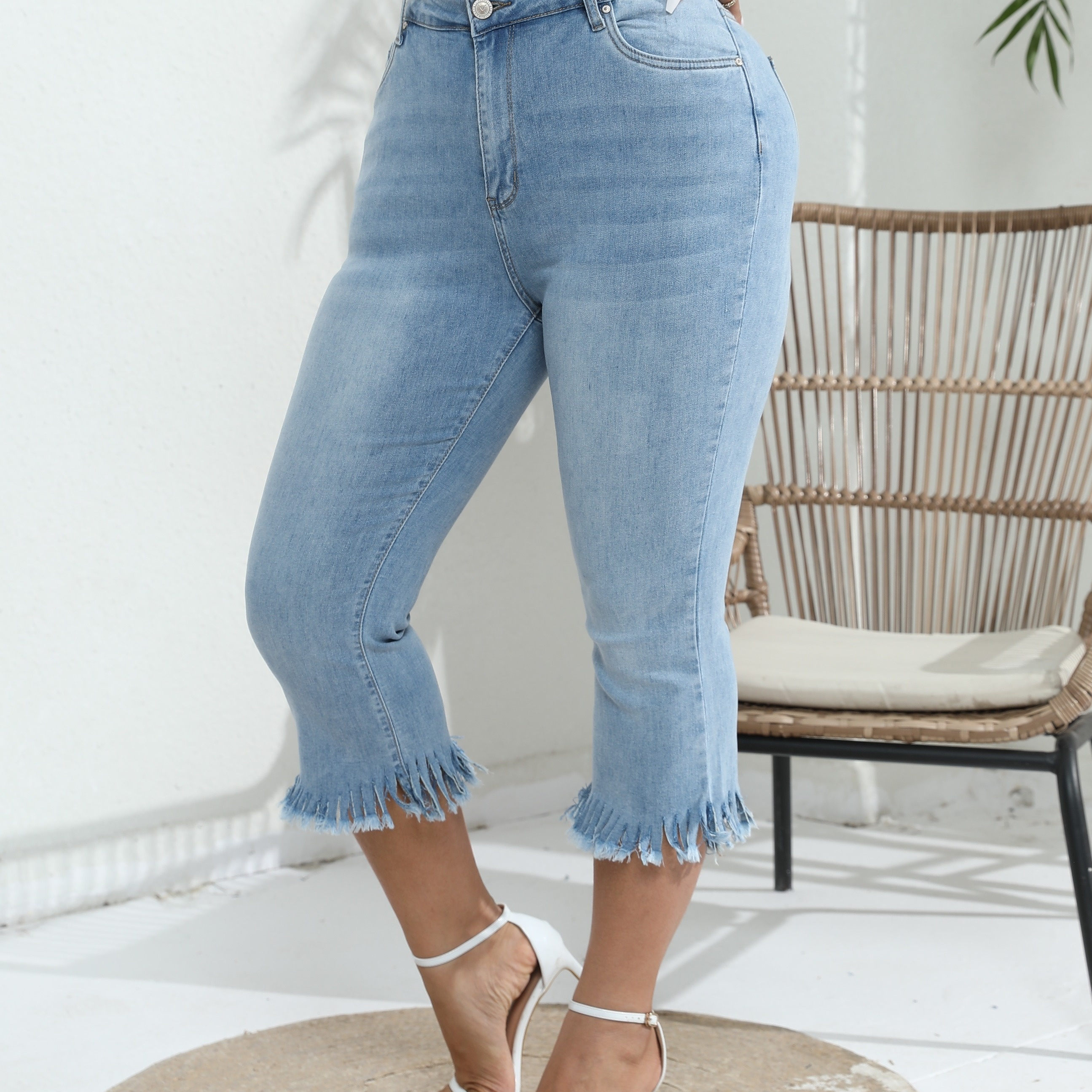

Plus Size Trendy Jeans, Women's Plus Button Fly Flared Leg Fringe Hem High Stretch Washed Capri Denim Pants