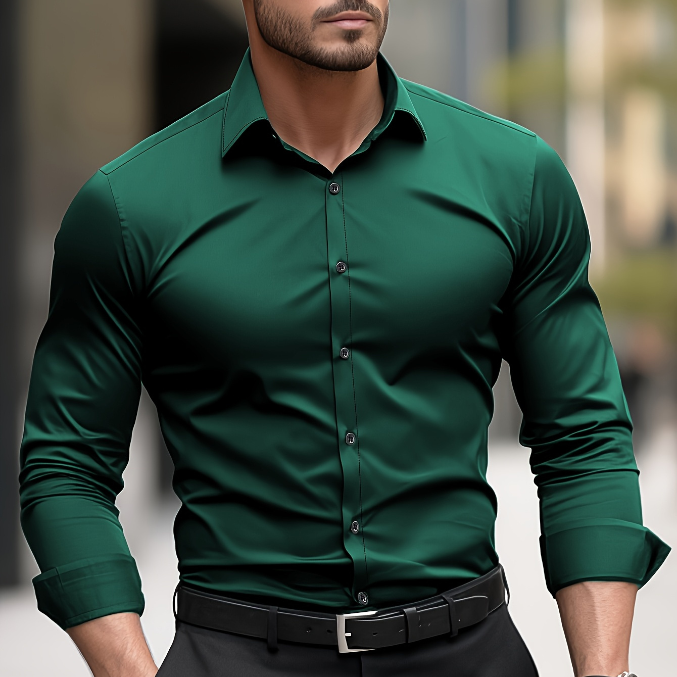 

Men's Sleek Green Dress Shirt - 100% Polyester, Slim Fit With Classic Collar & Button-, Machine Washable - Ideal For Formal & Semi-formal , Smart