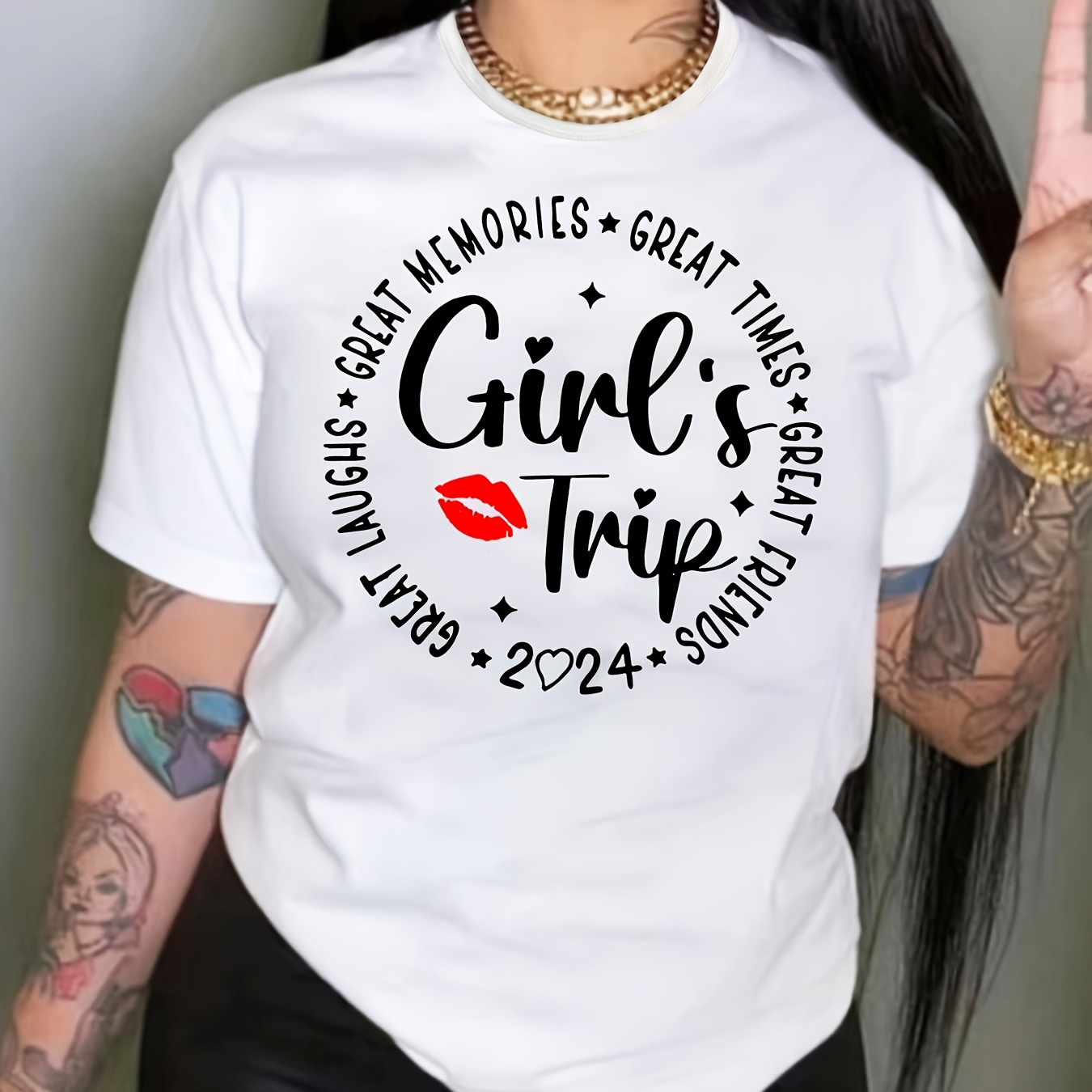 

Plus Size Girl's Trip Print T-shirt, Casual Short Sleeve Crew Neck Top For Spring & Summer, Women's Plus Size Clothing