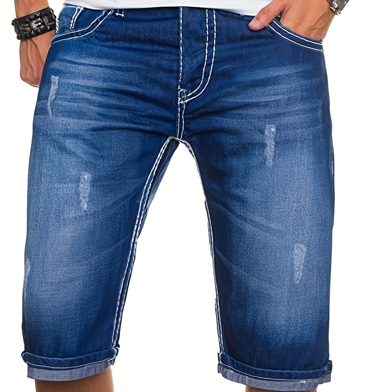 

Men's Casual Ripped Denim Shorts, Chic Street Style Skinny Shorts For Summer Jorts