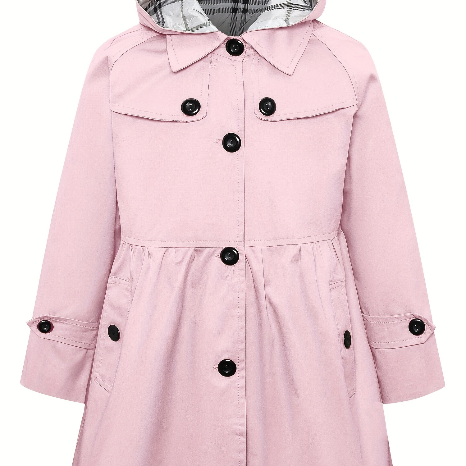 

Girls Hooded Trench Coat Solid Color Single Breasted Outwear Mid-length Dress Coats With Pockets
