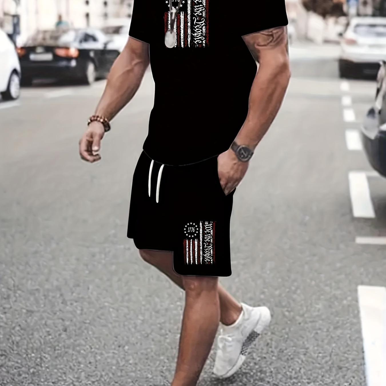 

American Flag Print Men's Short Sleeve T-shirt & Drawstring Shorts 2pcs Casual Sports Regular Tee Top Pants Suit Outfits For Spring Summer, As Gifts