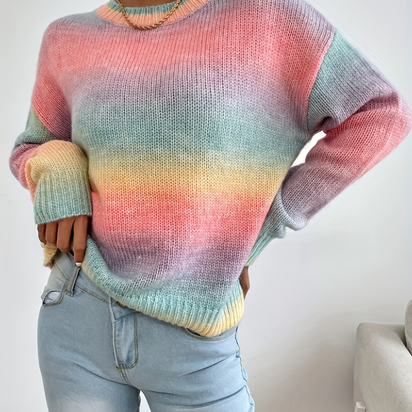 

Ombre Crew Neck Pullover Sweater, Elegant Long Sleeve Drop Shoulder Sweater, Women's Clothing