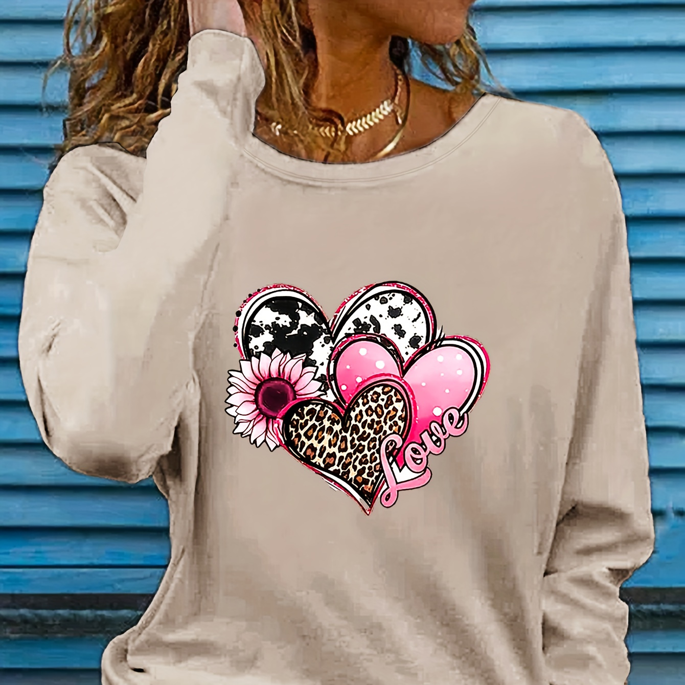 Heart Leopard Print Tee Casual Long Sleeve Crew Neck T Shirt Women's  Clothing | Check Out Today's Deals Now | Temu