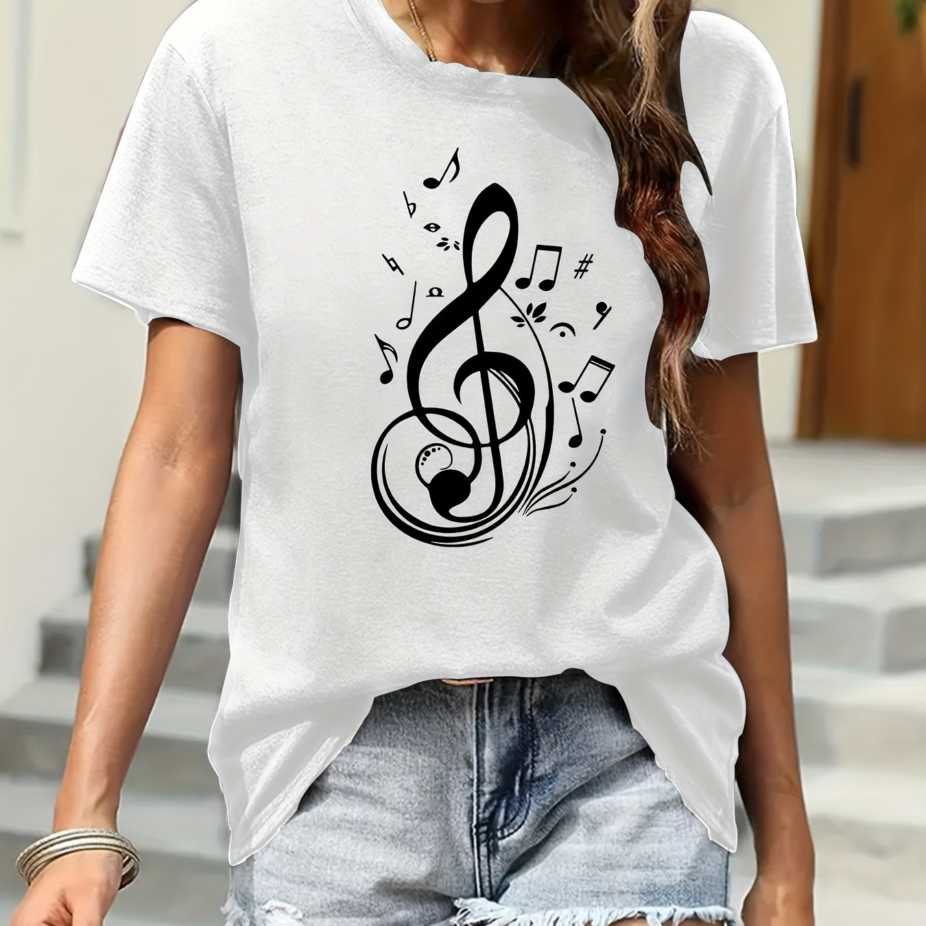 

T-shirt imprimé avec des notes de musique, haut décontracté à manches courtes et col rond pour l'été et le printemps, vêtements pour femmes