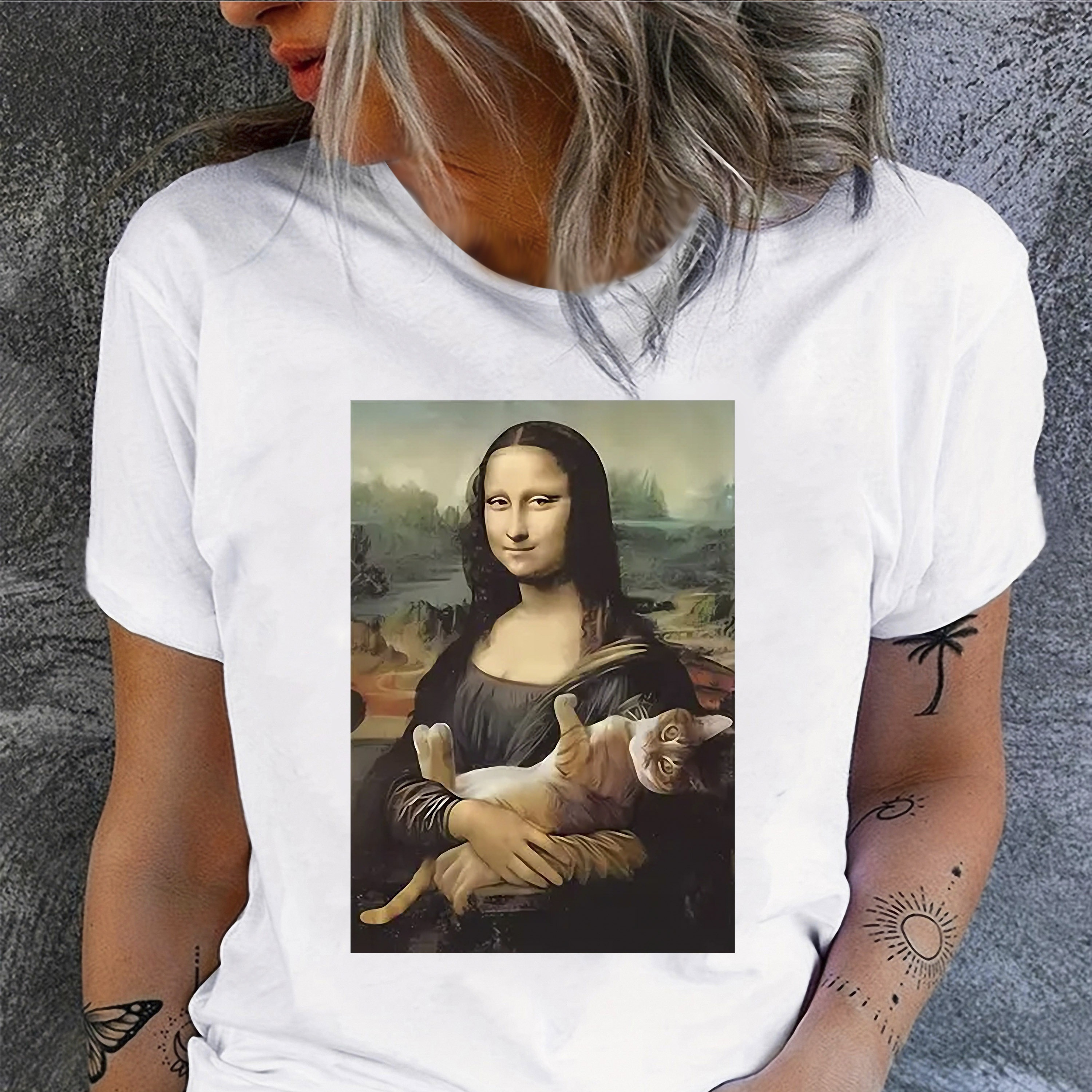 

T-shirt décontracté à col rond pour femme avec imprimé chat , tissu tricoté 95 % polyester 5 % élasthanne, haut d'été à manches courtes, à en toute .