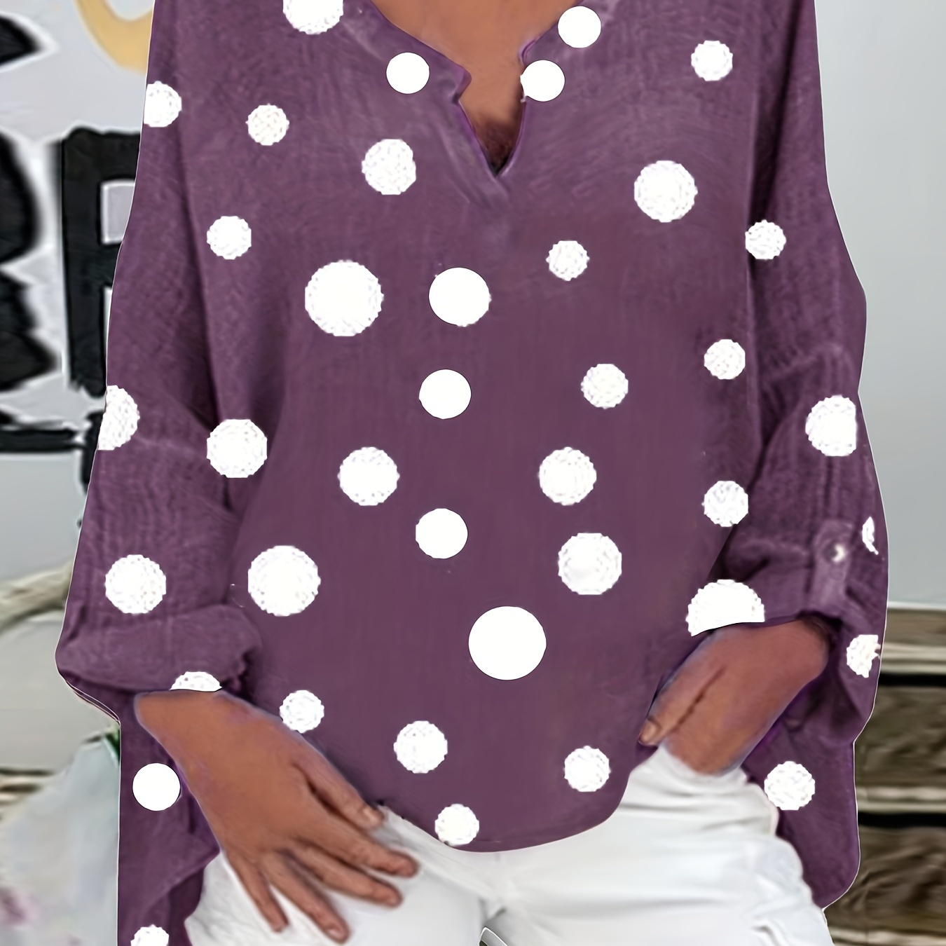 

Polka Dot Dipped Hem Blouse, Casual V Neck Long Sleeve Blouse, Women's Clothing