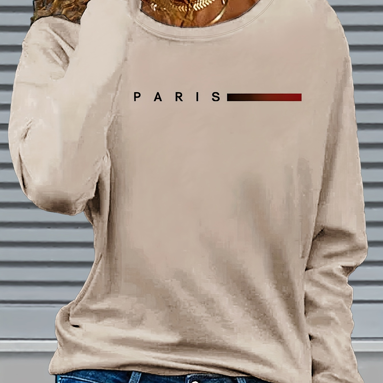 

Women's Paris Letter Print Long Sleeve T-shirt, Casual Crew Neck Knit Top, 100% Polyester, Stretch, Regular Fit, Fall/, Applique Detail - 180gsm