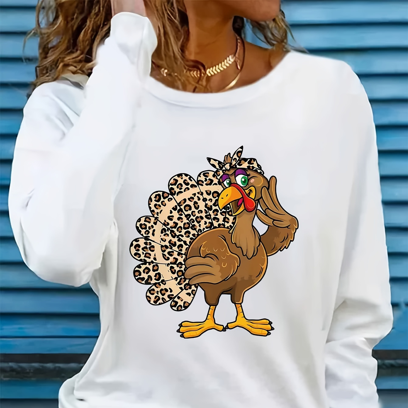 

Women's Long Sleeve T- Saluting Turkey Applique - 100% Polyester Top