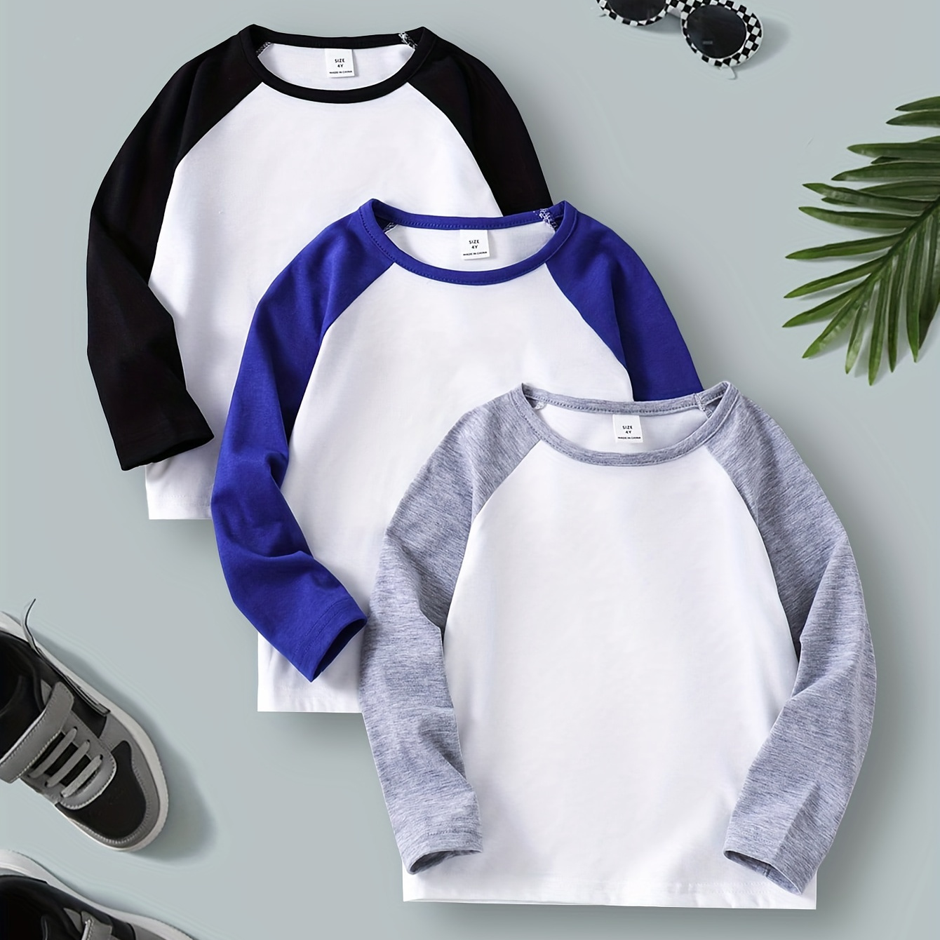 

3pcs Boys Stylish Raglan Sleeve T-shirt, Casual Crew Neck Lightweight Comfy Long Sleeve Tee Tops