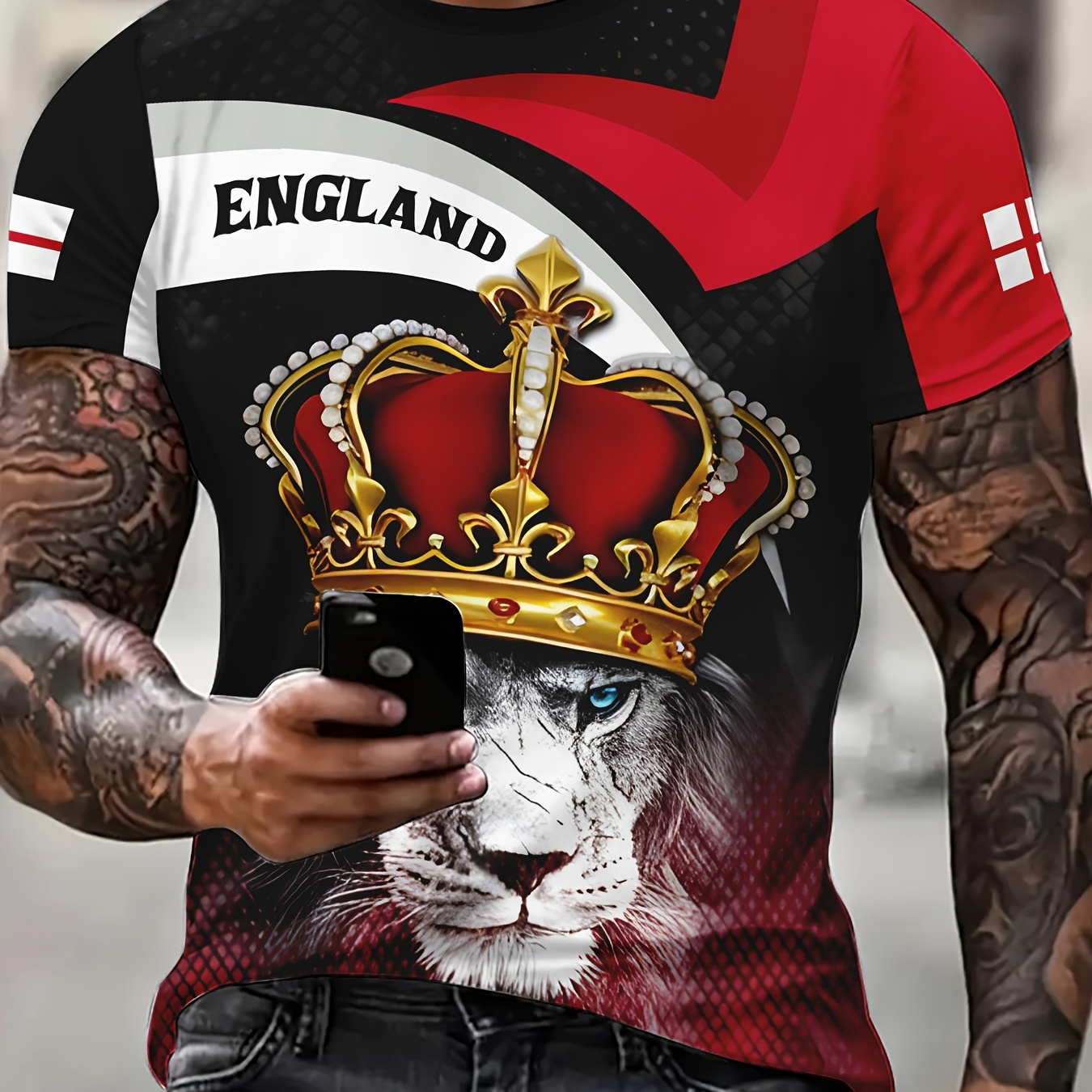

England Lion With Crown 3d Print Men's Fashion Comfy Breathable T-shirt, New Casual Round Neck Short Sleeve Tee For Spring Summer Men's Clothing