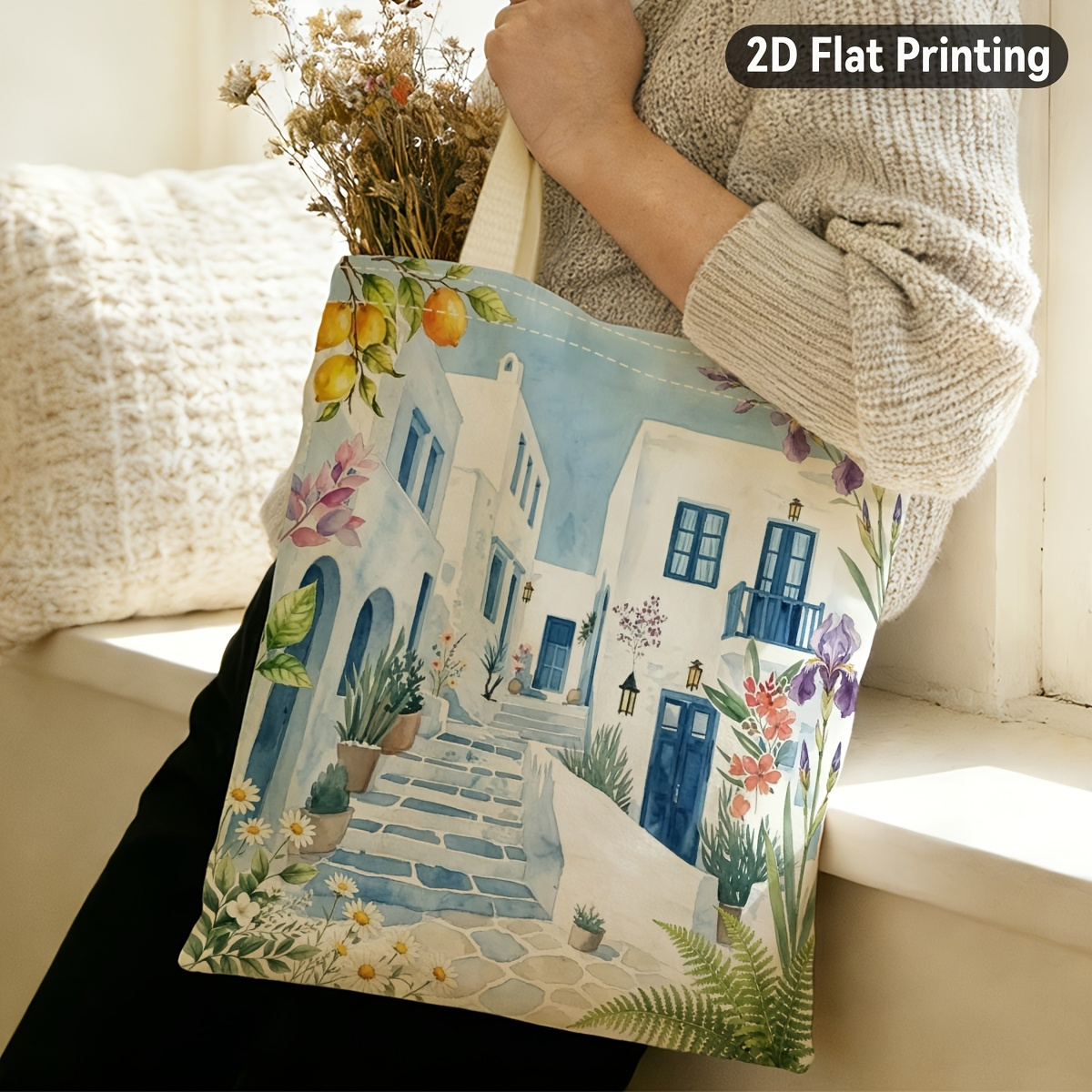 TEMU 1pc Greek Island Tote Bag - Watercolor Greek Key Print Durable Beach Bag With Mediterranean Blue Doors & Aegean Sea Suitable For Grocery