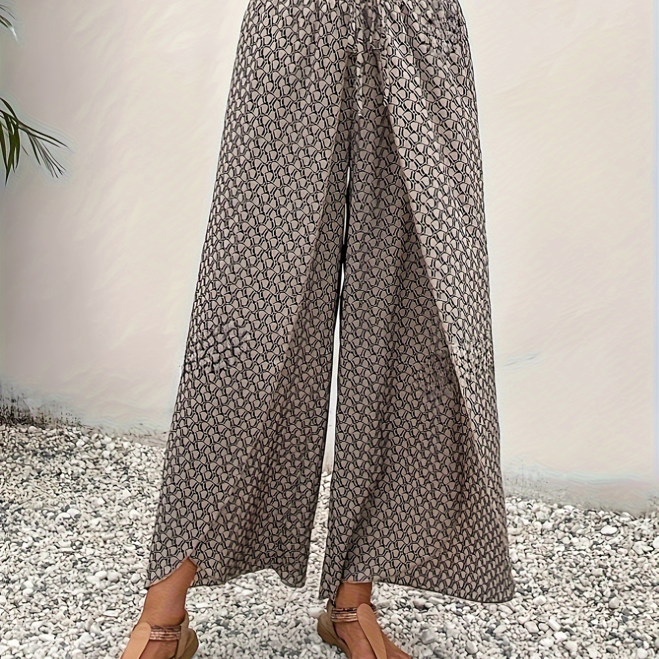 

Geometrical Pattern Print Wide Leg Pants, Elegant Drawstring Shirred Waist Split Thigh Loose Pants For Spring & Summer, Women's Clothing