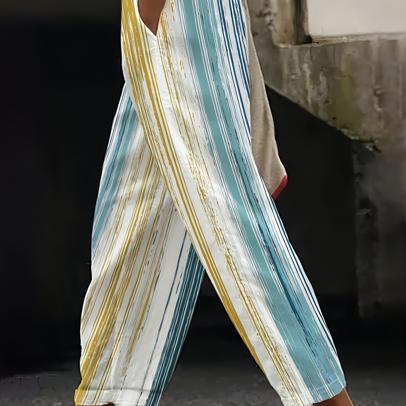 

Plus Size Stripe Print Pants, Casual Elastic Waist Pants For Spring & Summer, Women's Plus Size Clothing
