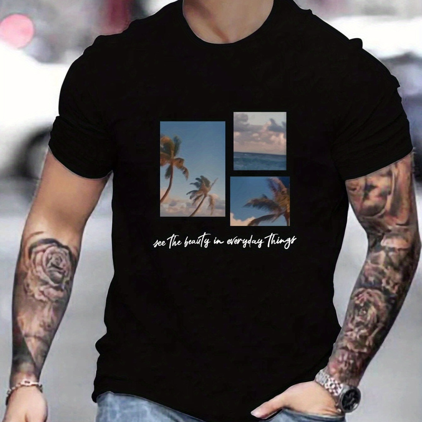 

Trendy Coconut Tree & Slogan Pattern Print Men's T-shirt, Graphic Tee Men's Summer Clothes, Men's Outfits