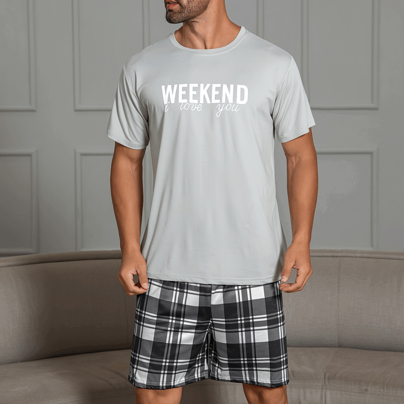 

Men's Summer Casual Grey Letter Print Short Sleeve T-shirt & Plaid Shorts Pajama Set, Soft Comfortable Sleep Set For Home And Outdoor Wearing