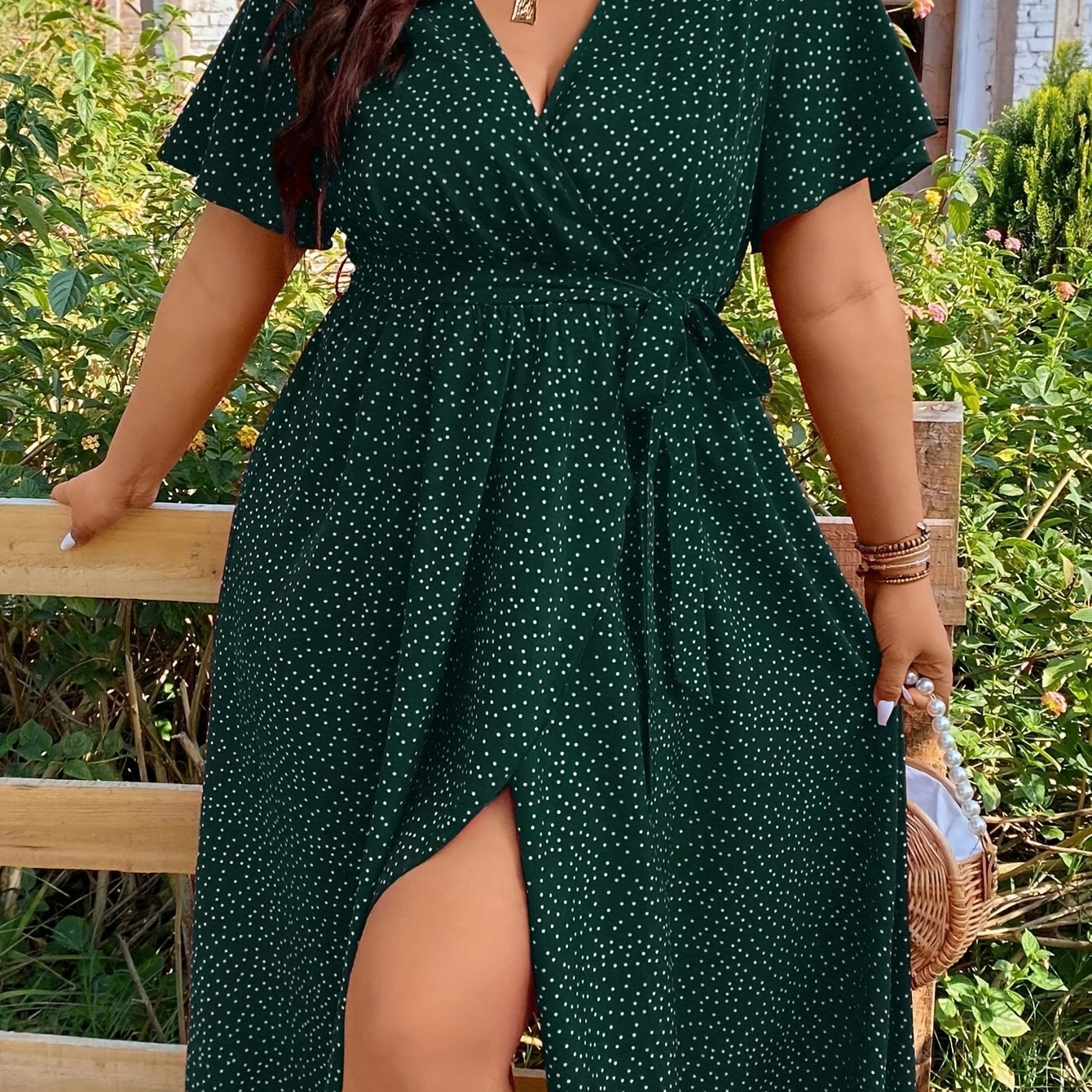 

Plus Size Pin Dot Print Slit Belted Dress, Casual Short Sleeve Dress For Spring & Summer, Women's Plus Size Clothing