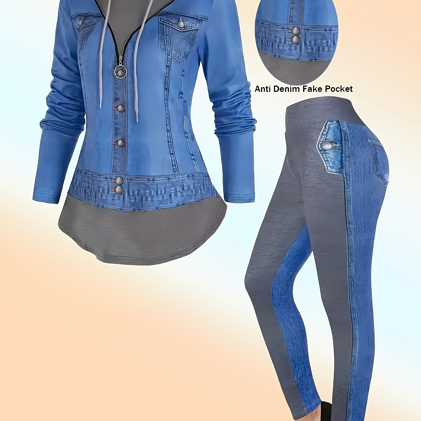 

Women's Oversized Denim Print Hoodie And Pants Set, Elegant Crew Neck Pullover With Drawstring, Long Sleeve Knit Fabric, 90% Polyester 10% Spandex, Lash Set For