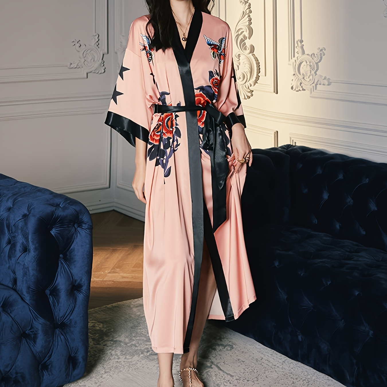 

Elegant Floral Print Silky Night Robe, Long Sleeve V Neck Sleep Robe With Belt, Women's Loungewear