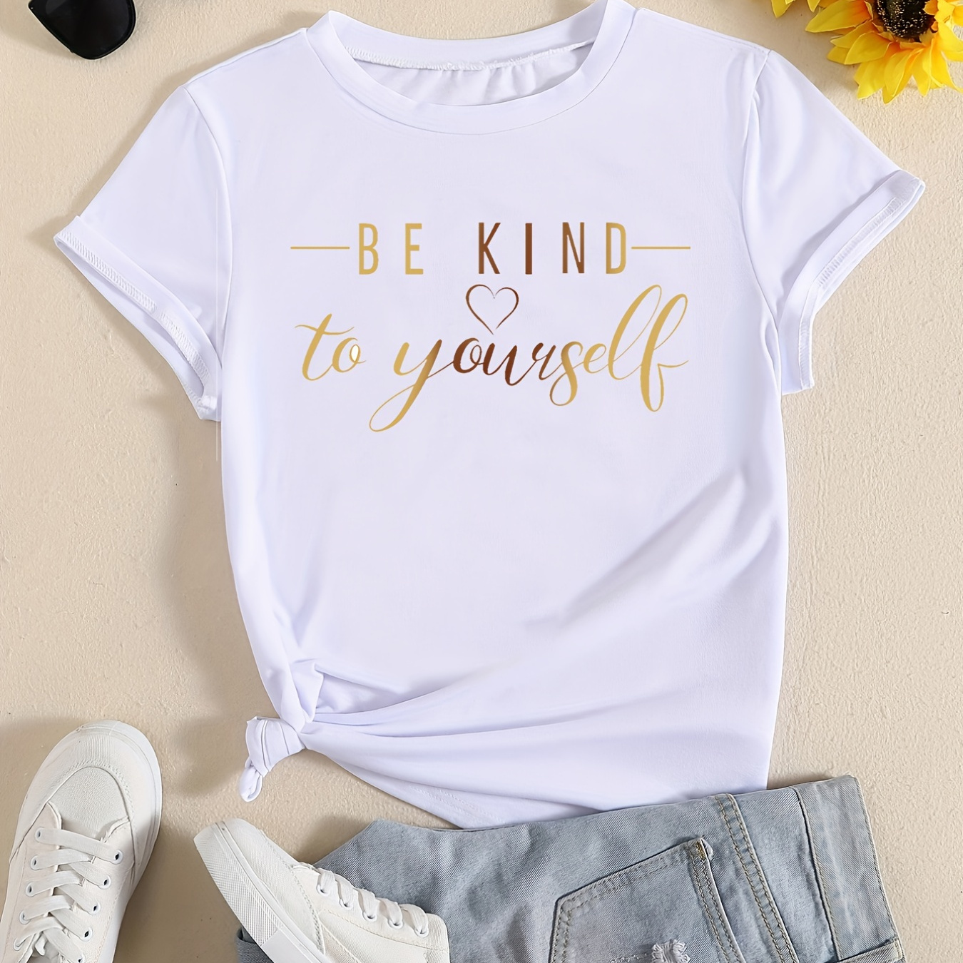 

Be Kind Print Crew Neck T-shirt, Casual Short Sleeve Top For Spring & Summer, Women's Clothing