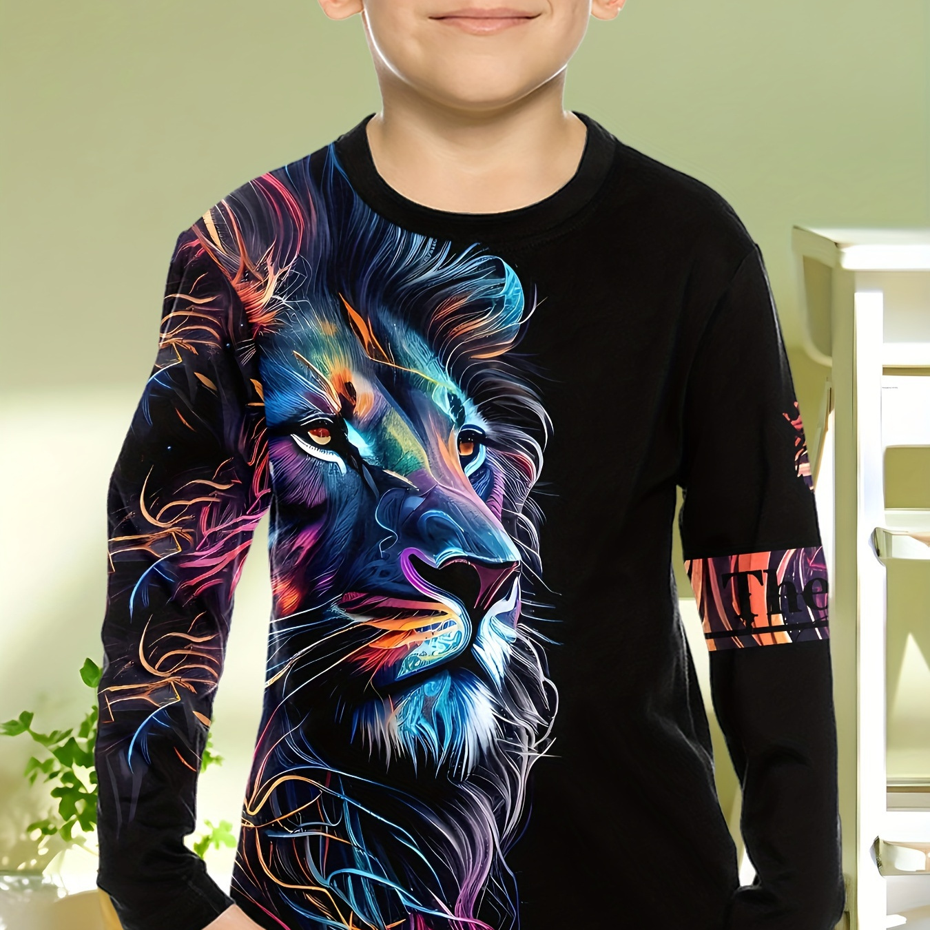 

Boys' Colorful 3d Lion Print Long Sleeve T-shirt - Casual Crew Neck Polyester Knit Fabric Top With Slight Stretch For Spring/fall - Fashionable Regular Fit Tee For Kids 12 And Under