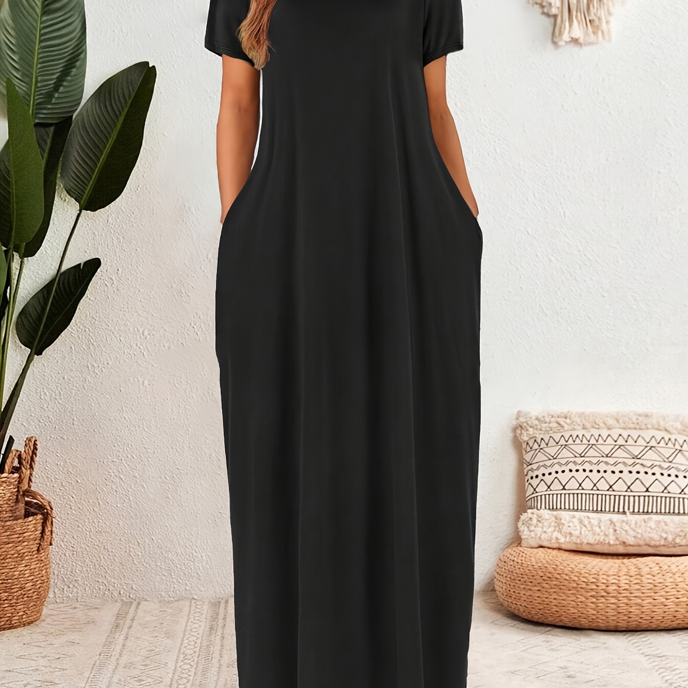 

Dual Pocket Crew Neck Loose Maxi Dress, Casual Short Sleeve Solid Simple Dress For Spring & Summer, Women's Clothing