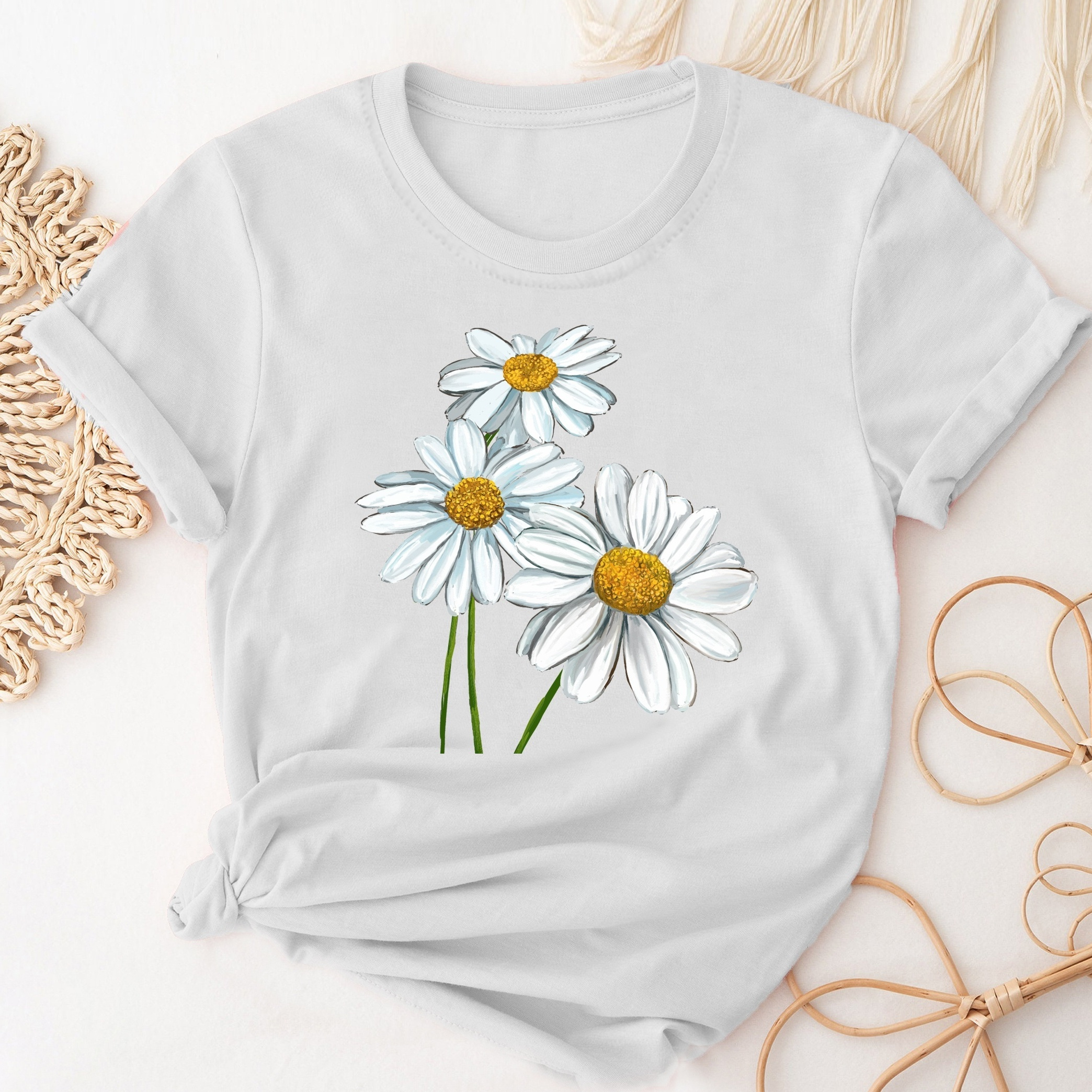 

Cute Daisy Print T-shirt, Short Sleeve Crew Neck Casual Top For All Season, Women's Clothing