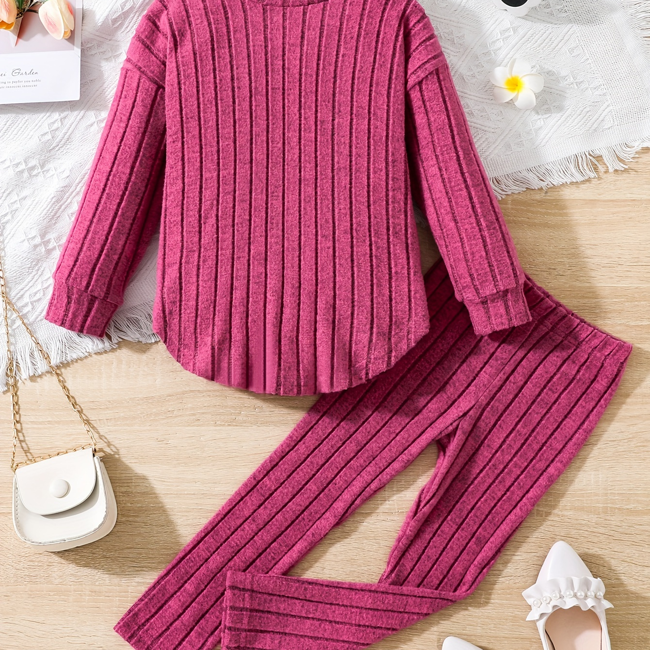

Girl's Solid Color 2pcs, Ribbed Long Sleeve Top & Leggings Set, Soft Casual Outfits, Kids Clothes For Spring Fall