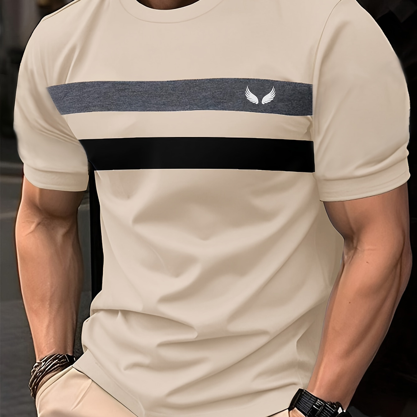 

Men's Antler And Color Block Stripe Pattern Crew Neck And Short Sleeve T-shirt, Casual And Trendy Tops For Summer Outdoors Leisurewear