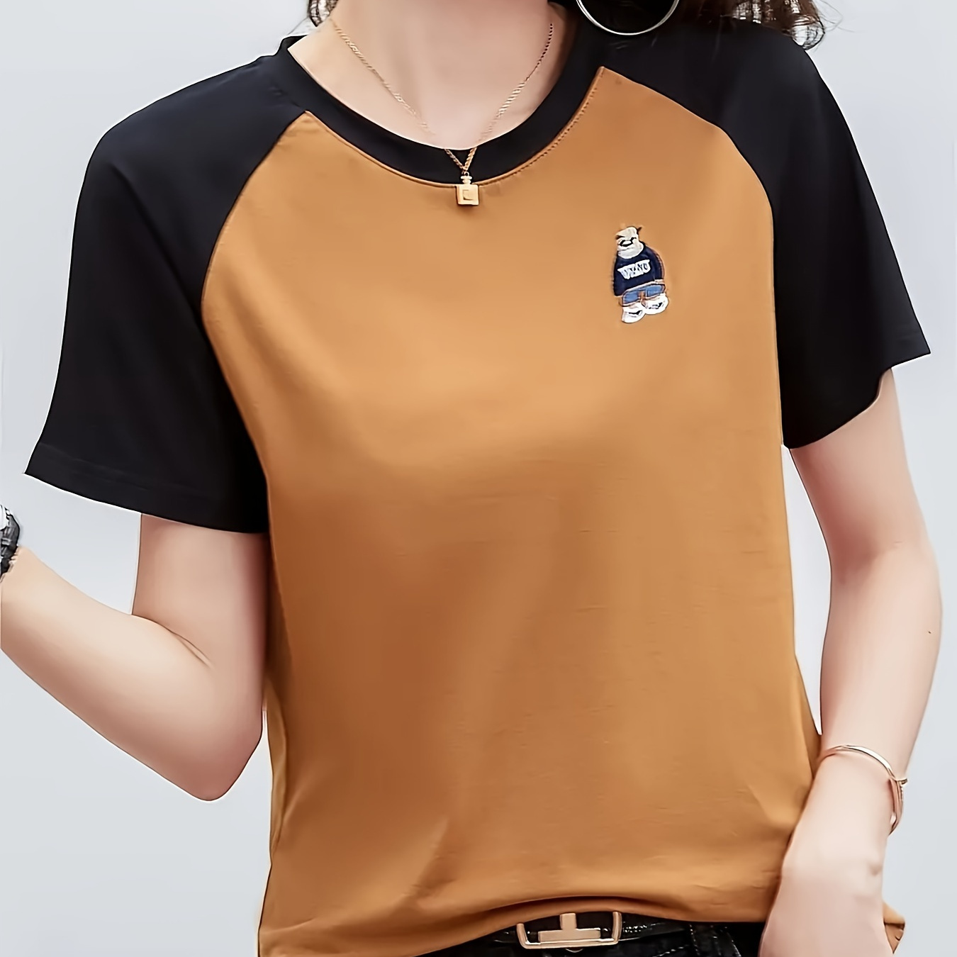 

Raglan Sleeve Color Block T-shirt, Short Sleeve Casual Top For Summer & Spring, Women's Clothing