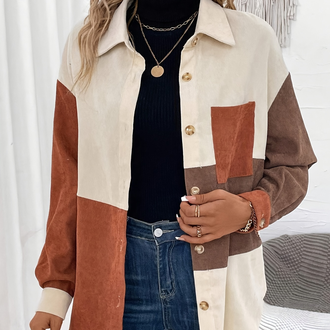 

Color Block Button Front Jacket, Casual Long Sleeve Jacket For Spring & Fall, Women's Clothing