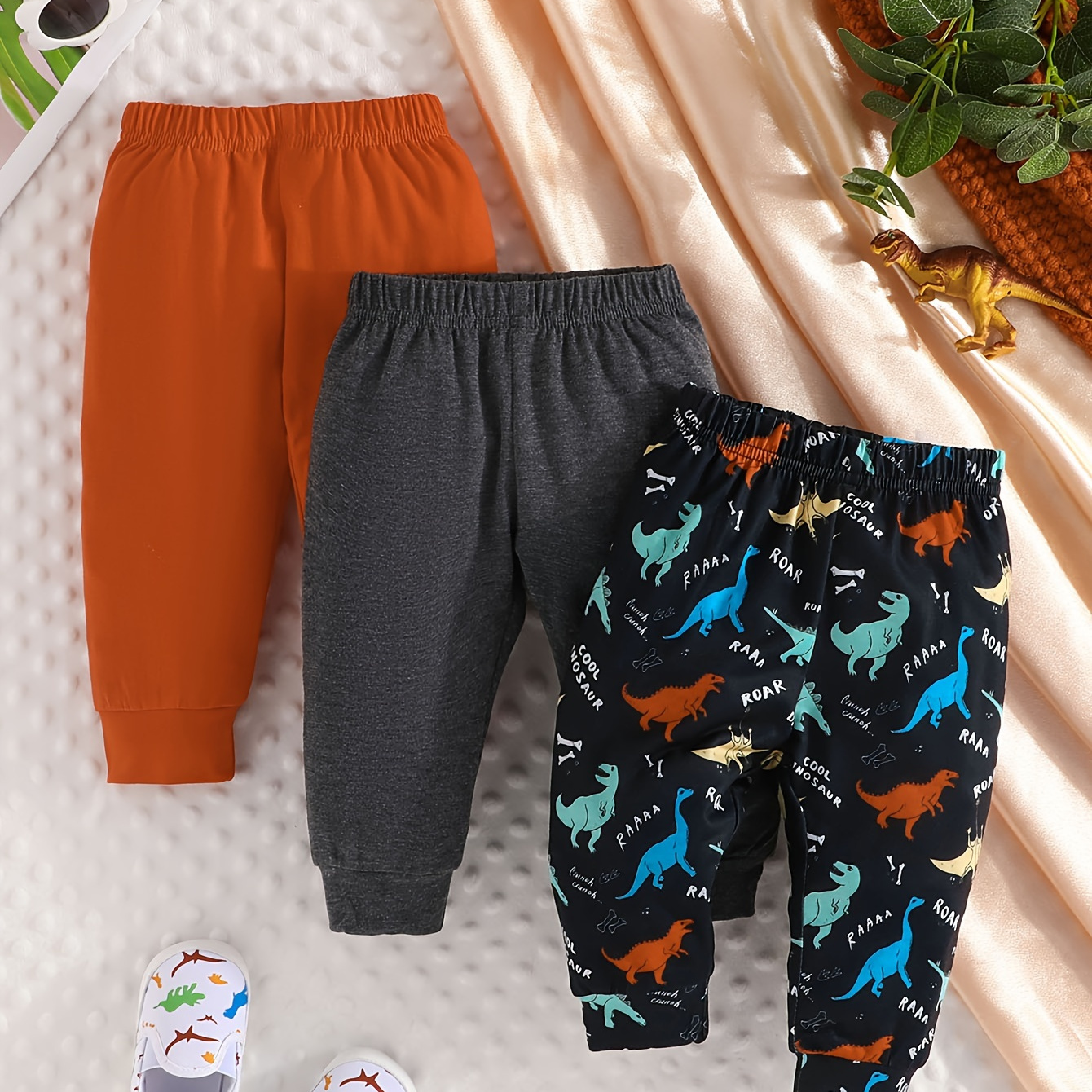 

3pcs Baby's Solid Color & Dinosaur Pattern Pants, Comfy Elastic Waist Trousers, Baby Boy's Clothing For Spring Fall