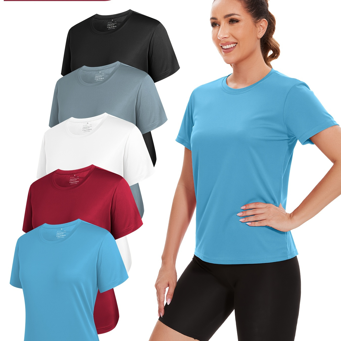 

Five-piece Set Of Women's Casual Breathable Quick-drying Sports Tops T-shirts, Plain Color Five-piece Set For Tennis, Basketball, Outdoor Exercise, Running And Other Sports Scenes