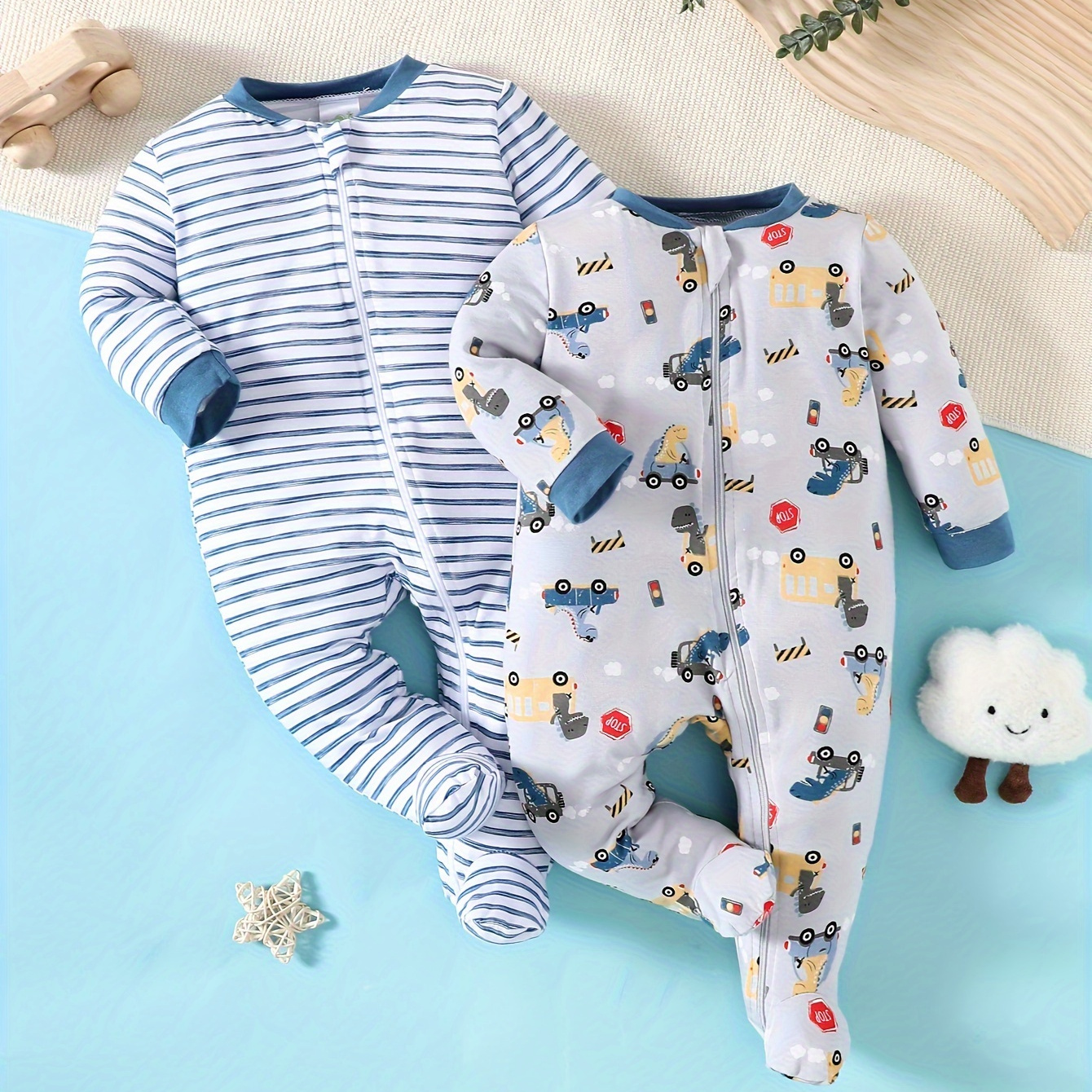 

2pcs Cartoon Car/stripe Pattern Infant's Footed Bodysuit, Comfy Bamboo Fiber Long Sleeve Romper, Baby Boy's Clothing