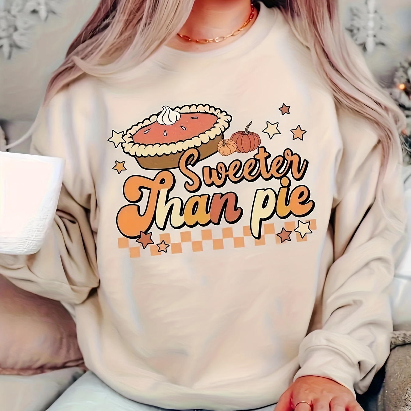 

Pie Print Pullover Sweatshirt, Casual Long Sleeve Crew Neck Sweatshirt For Fall & Winter, Women's Clothing