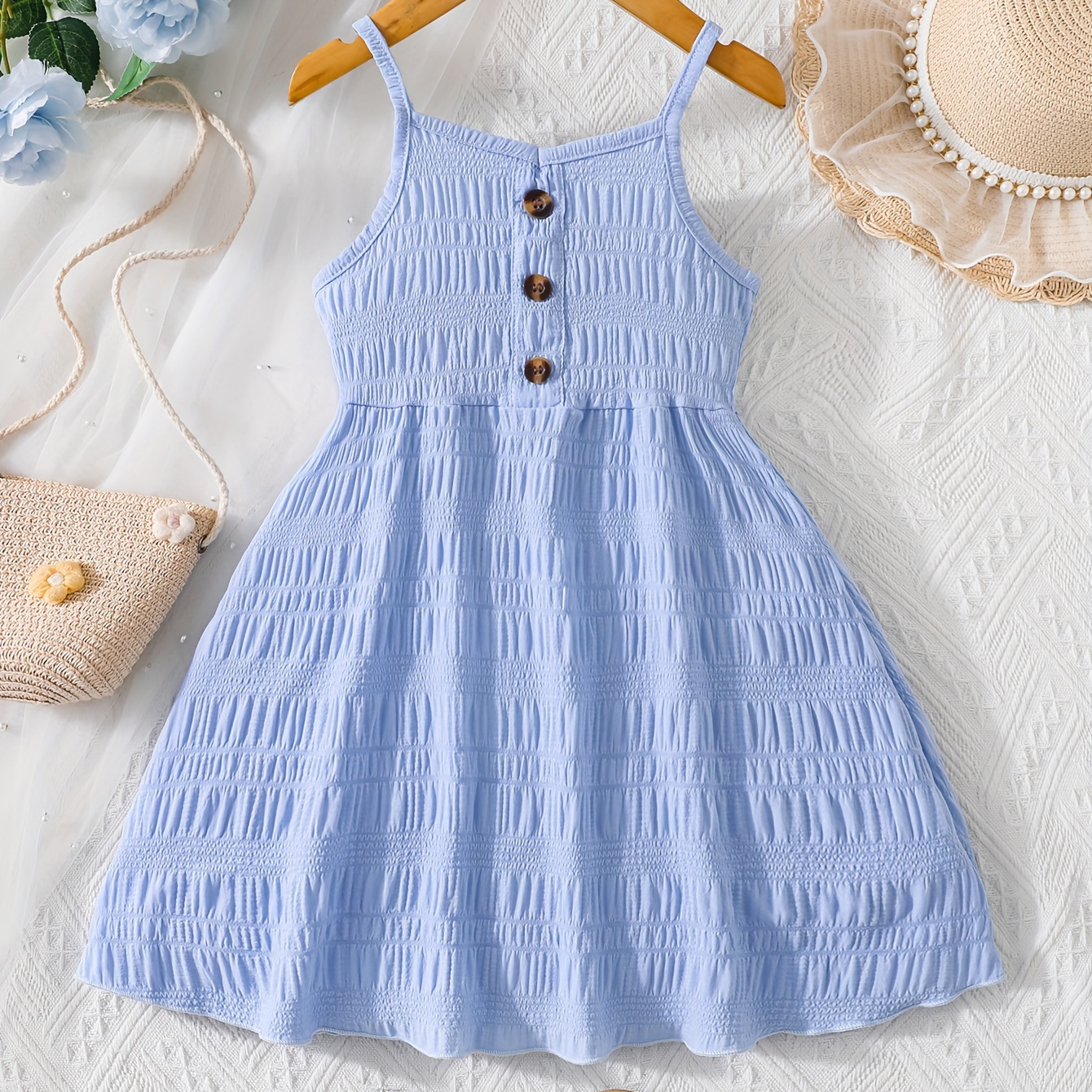 

Girls Button Decor Solid Spaghetti Strap A-line Casual Slip Dress For Summer
