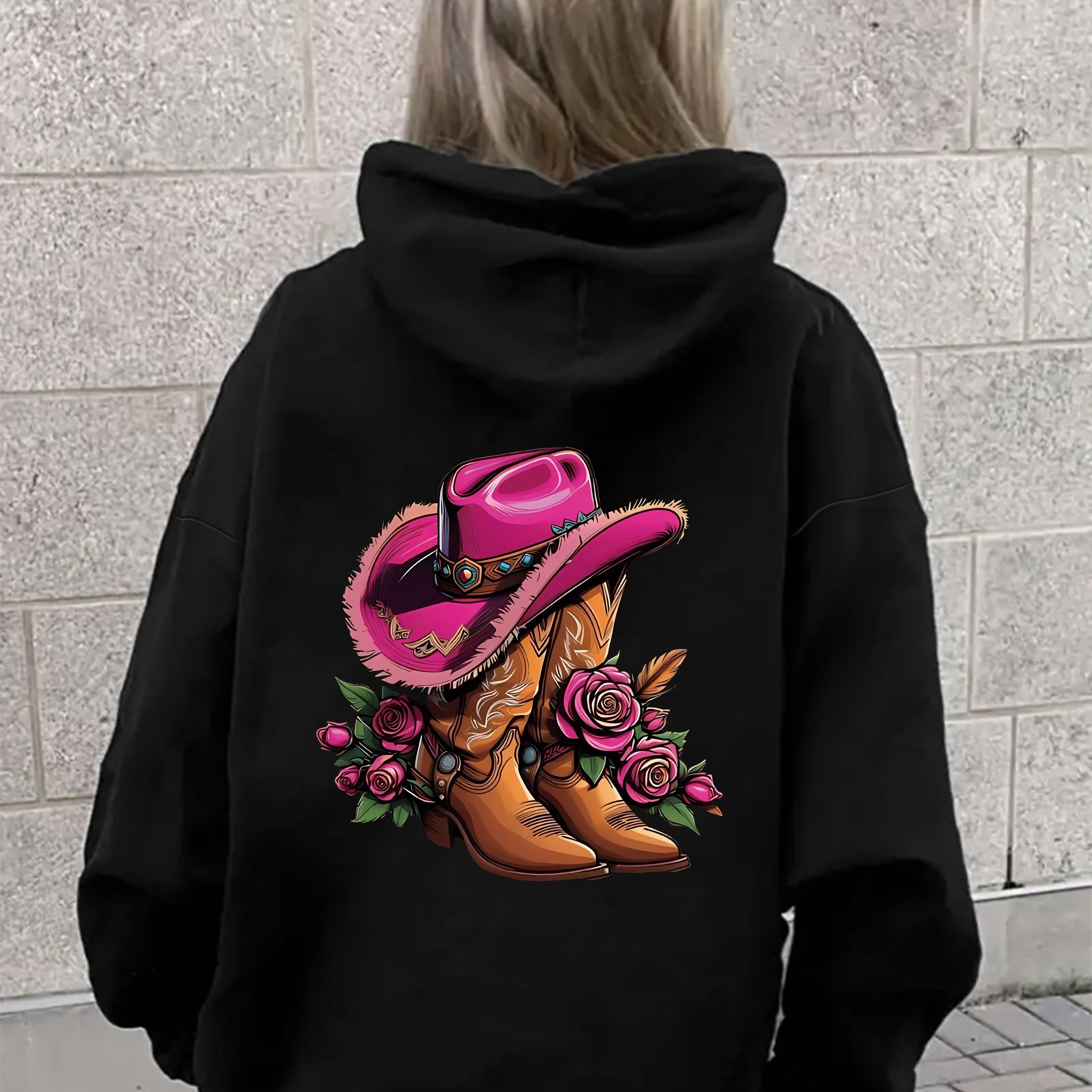 

Women's Western Cowboy Boot & Floral Print Hoodie - 100% Polyester Casual Pullover With Kangaroo Pocket, Hooded Long Sleeve Sweatshirt With Drawstring For Fall/winter - Geometric Pattern Knit Fabric