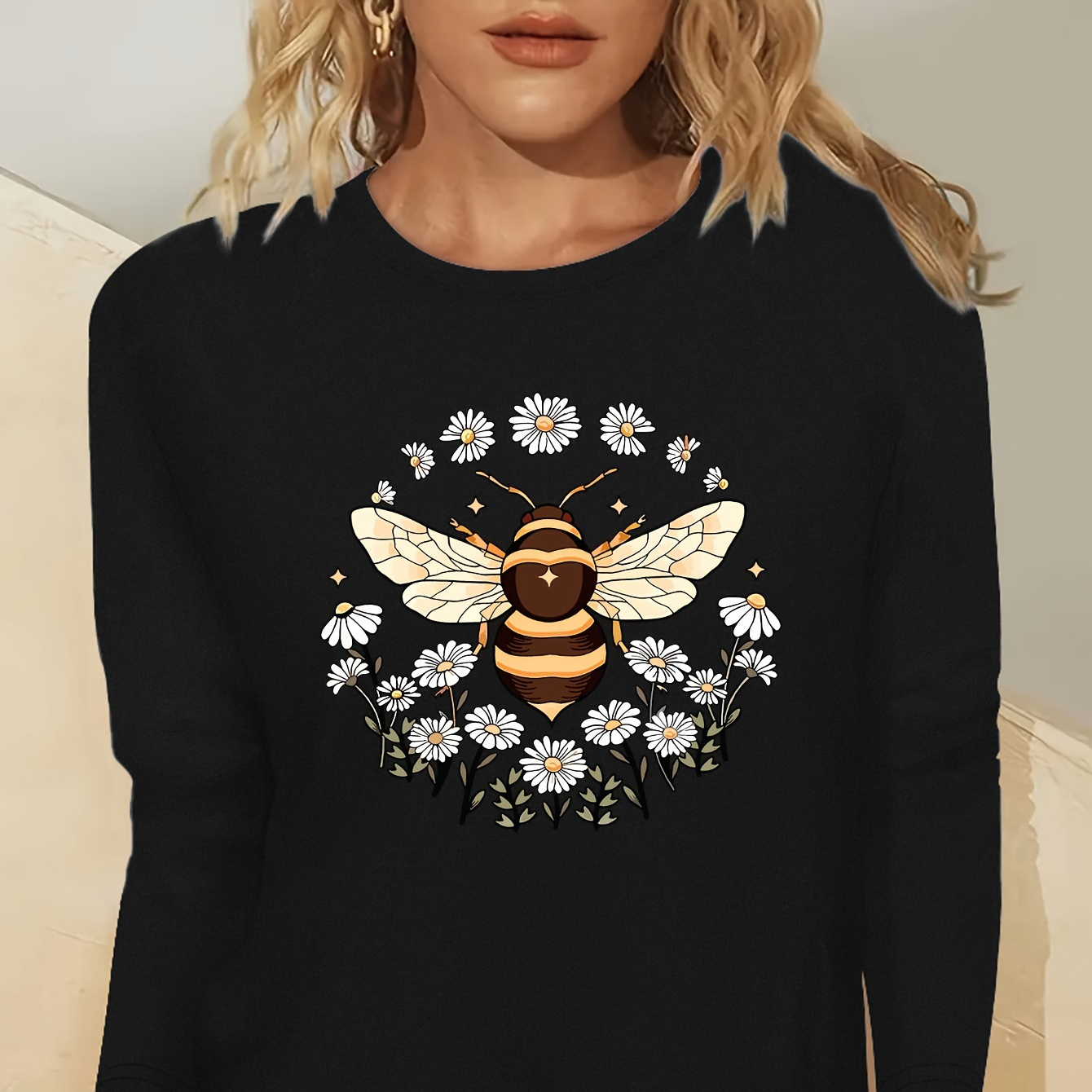 

Women's Casual Long Sleeve T-shirt With & Floral Print - Soft Polyester, Machine Washable, Round Neck