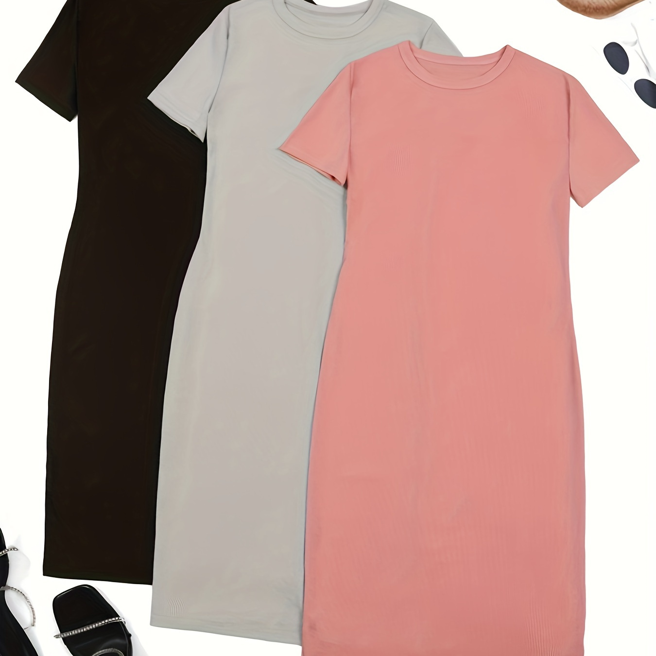 

Simple T-shirt Dress 3 Pack, Casual Crew Neck Short Sleeve Dress, Women's Clothing