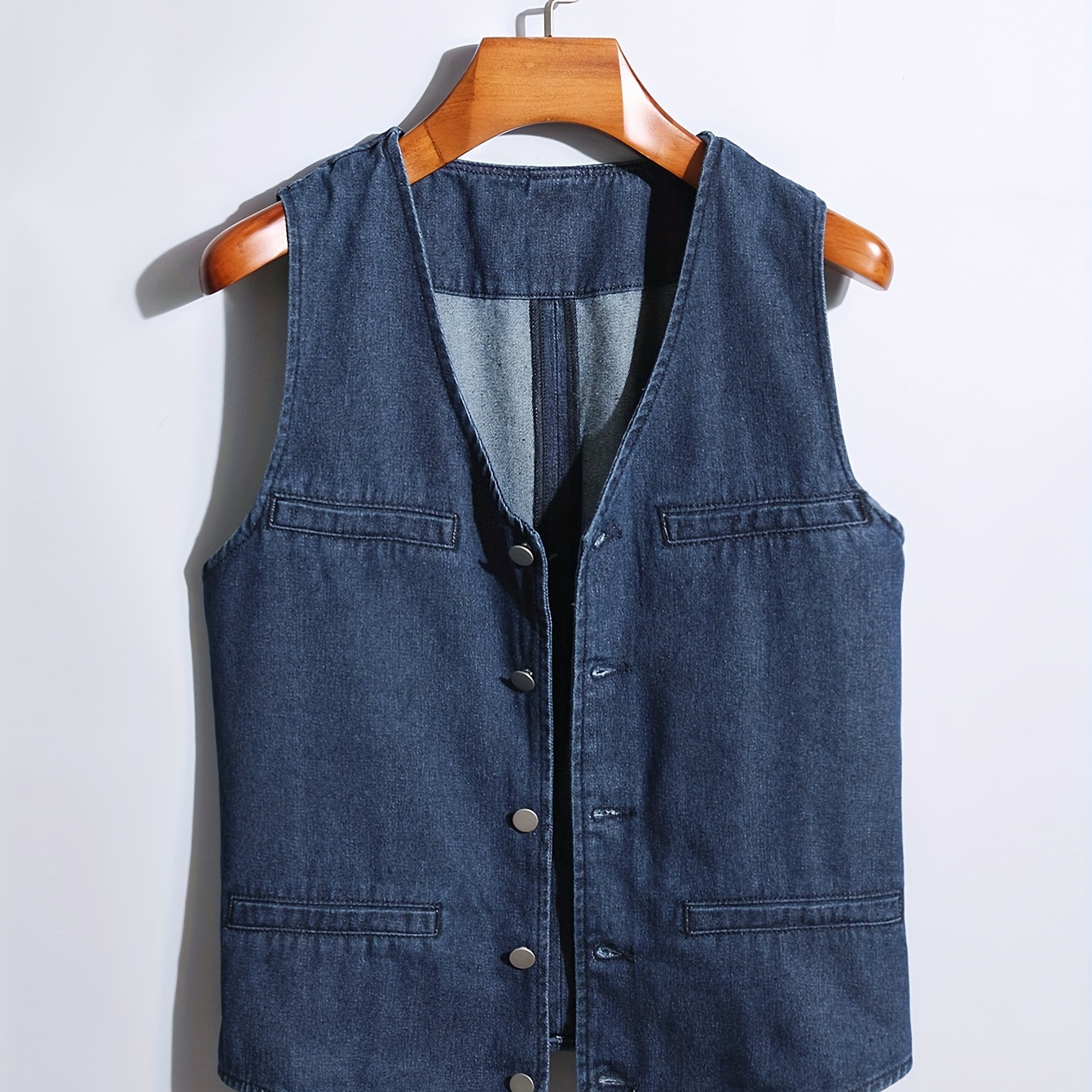 

Men's Solid Casual Denim Vest, Button Up Front Sleeveless Vest With Adjustable Back Strap For Daily Wear